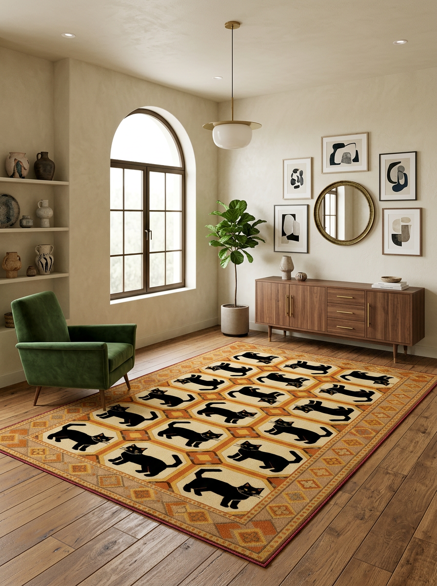 Arte KD001 Kedi Desenli Pati Dostu Hayvanseverler İçin Dekoratif Halı