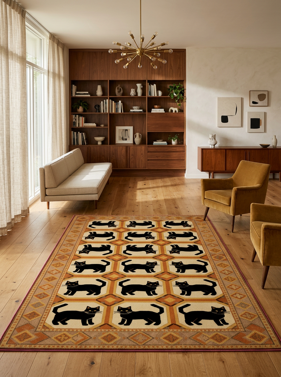 Arte KD001 Kedi Desenli Pati Dostu Hayvanseverler İçin Dekoratif Halı