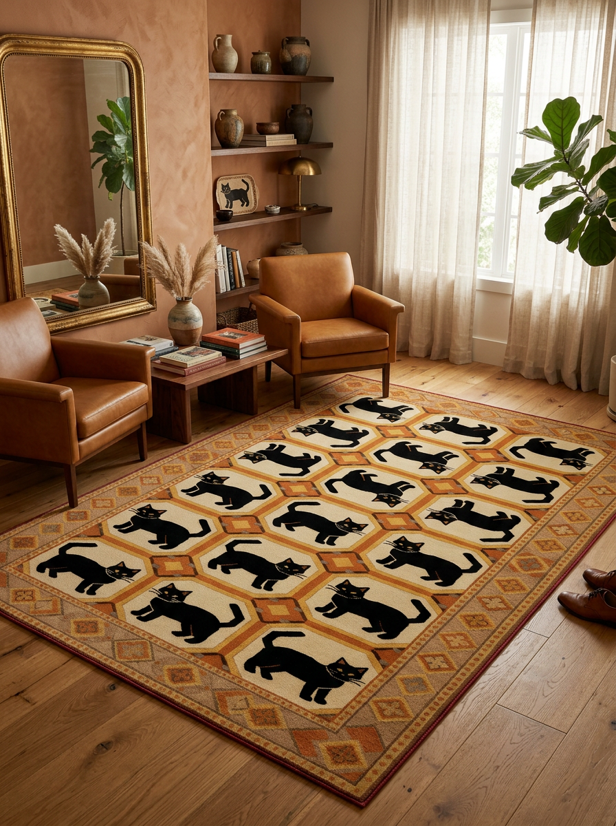 Arte KD001 Kedi Desenli Pati Dostu Hayvanseverler İçin Dekoratif Halı