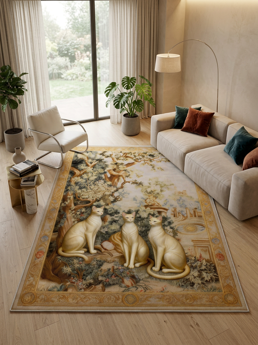 Arte KD003 Kedi Desenli Pati Dostu Hayvanseverler İçin Dekoratif Halı