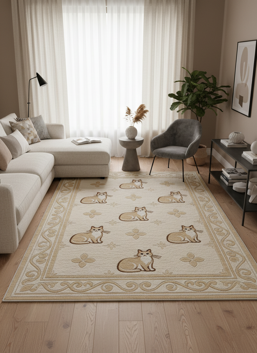 Arte KD005 Kedi Desenli Pati Dostu Hayvanseverler İçin Dekoratif Halı