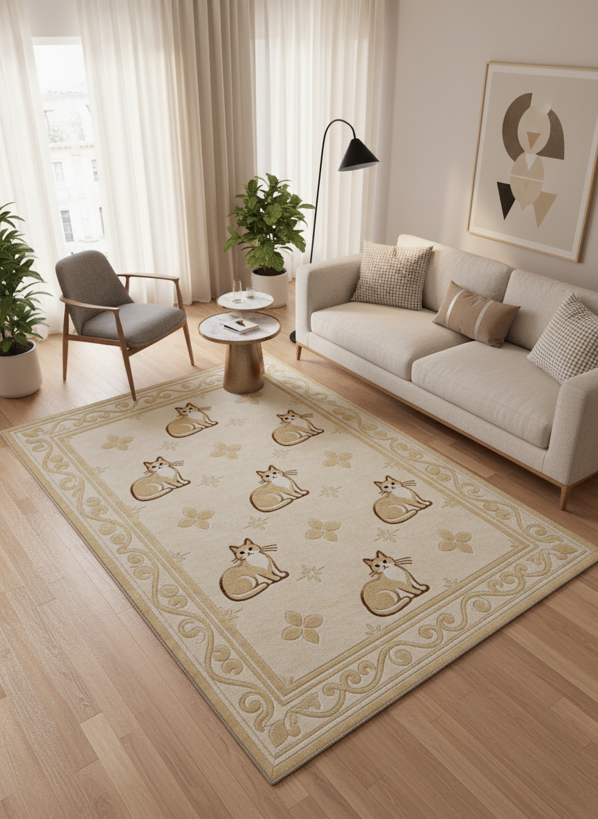 Arte KD005 Kedi Desenli Pati Dostu Hayvanseverler İçin Dekoratif Halı
