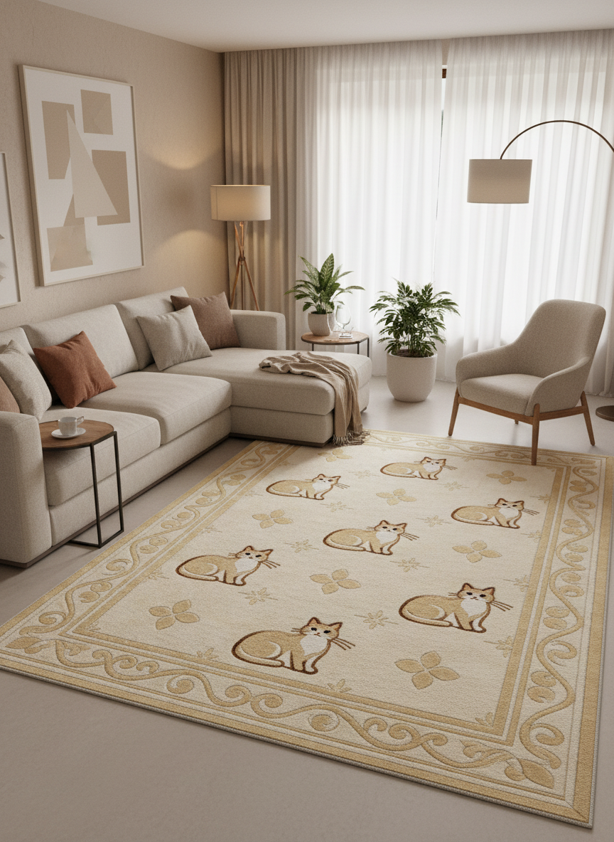 Arte KD005 Kedi Desenli Pati Dostu Hayvanseverler İçin Dekoratif Halı