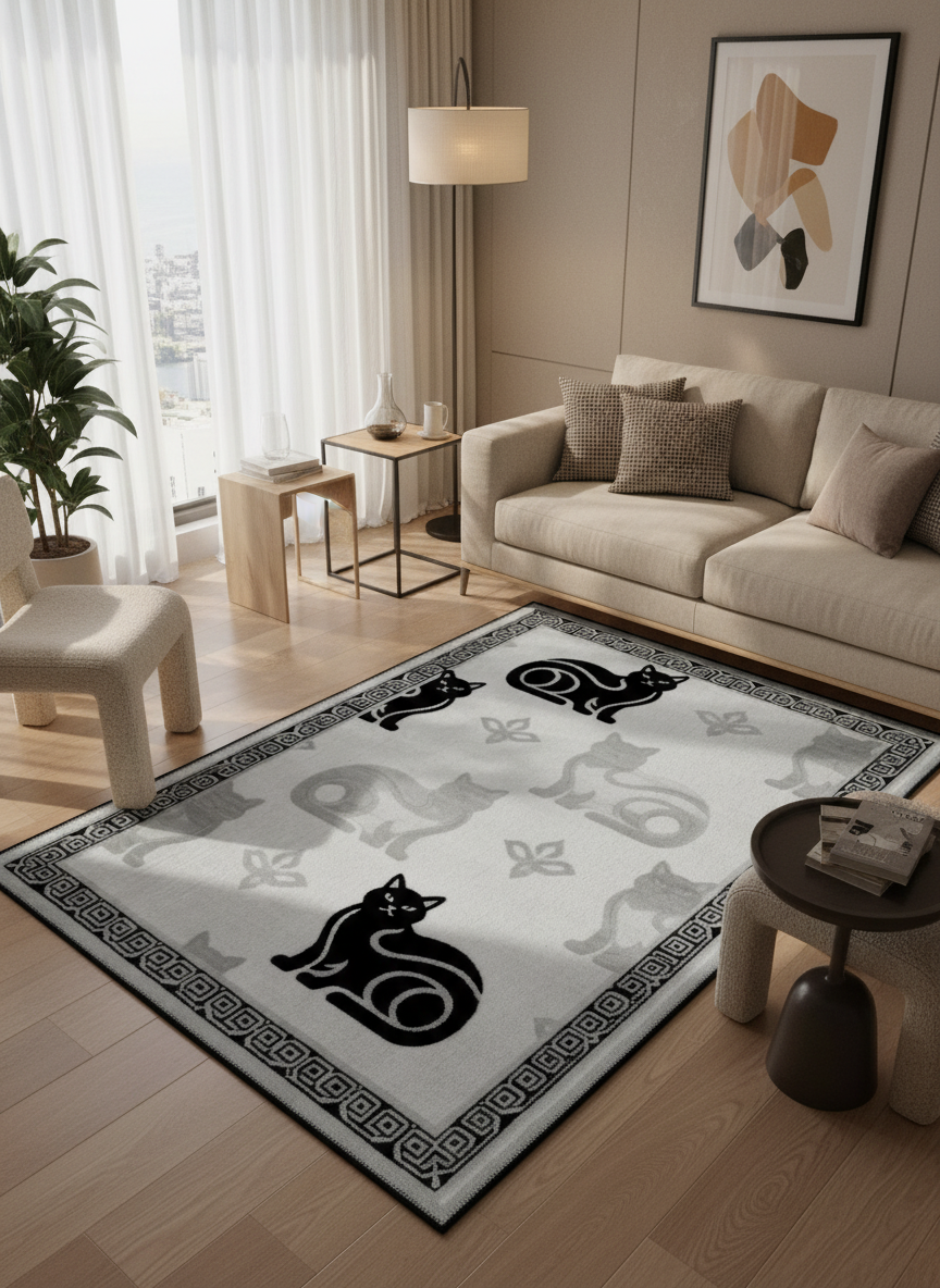 Arte KD016 Kedi Desenli Pati Dostu Hayvanseverler İçin Dekoratif Halı