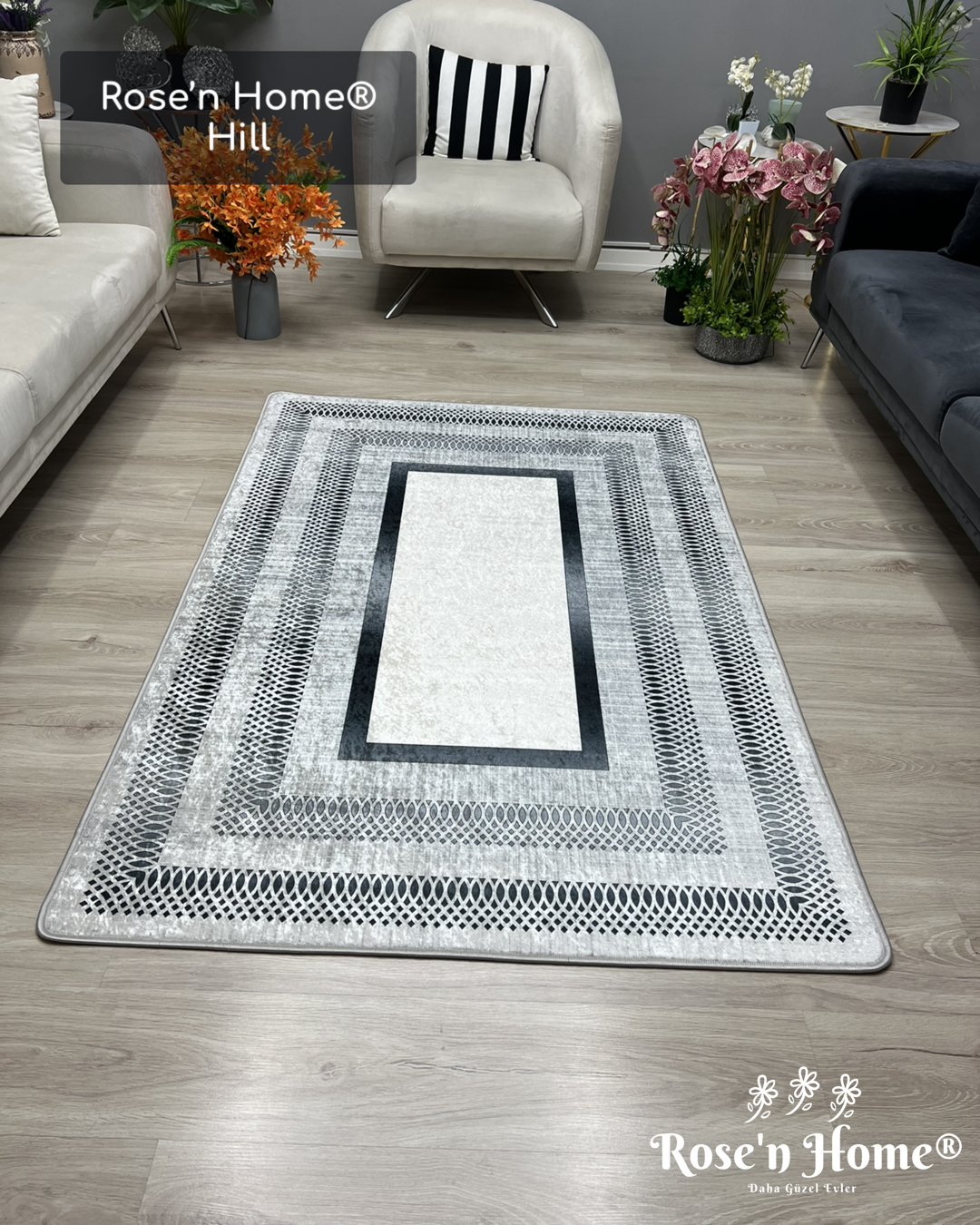 HİLL - Kaymaz Deri Taban Makinede Yıkanabilir Salon Oturma Odası Mutfak Halısı