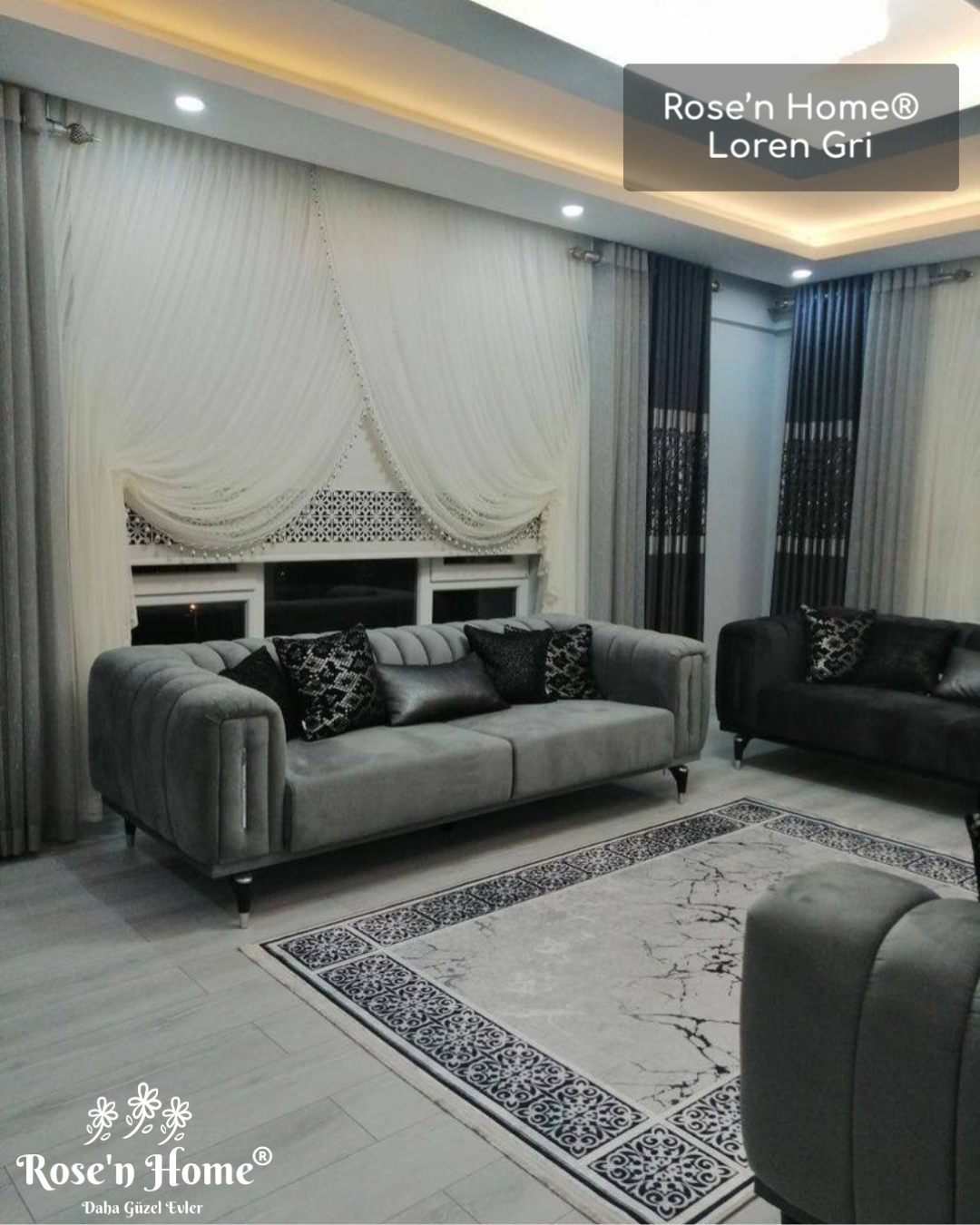 LOREN GRİ - Kaymaz Deri Taban Makinede Yıkanabilir Salon Oturma Odası Mutfak Halısı