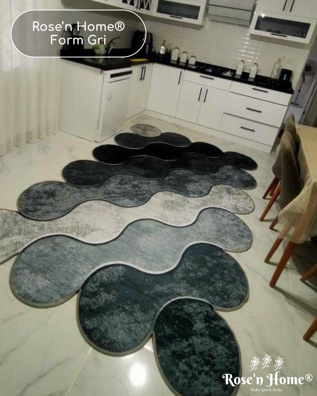 FORM GRİ - Kaymaz Deri Taban Makinede Yıkanabilir Salon Oturma Odası Mutfak Halısı