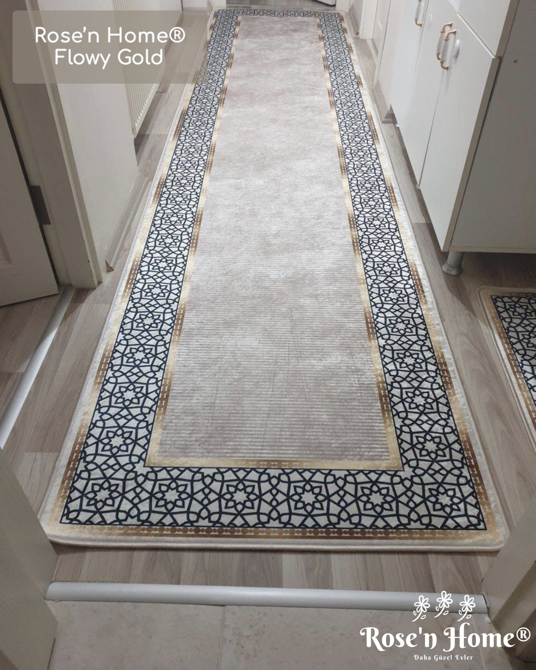 FLOWY GOLD - Kaymaz Deri Taban Makinede Yıkanabilir Salon Oturma Odası Mutfak Halısı