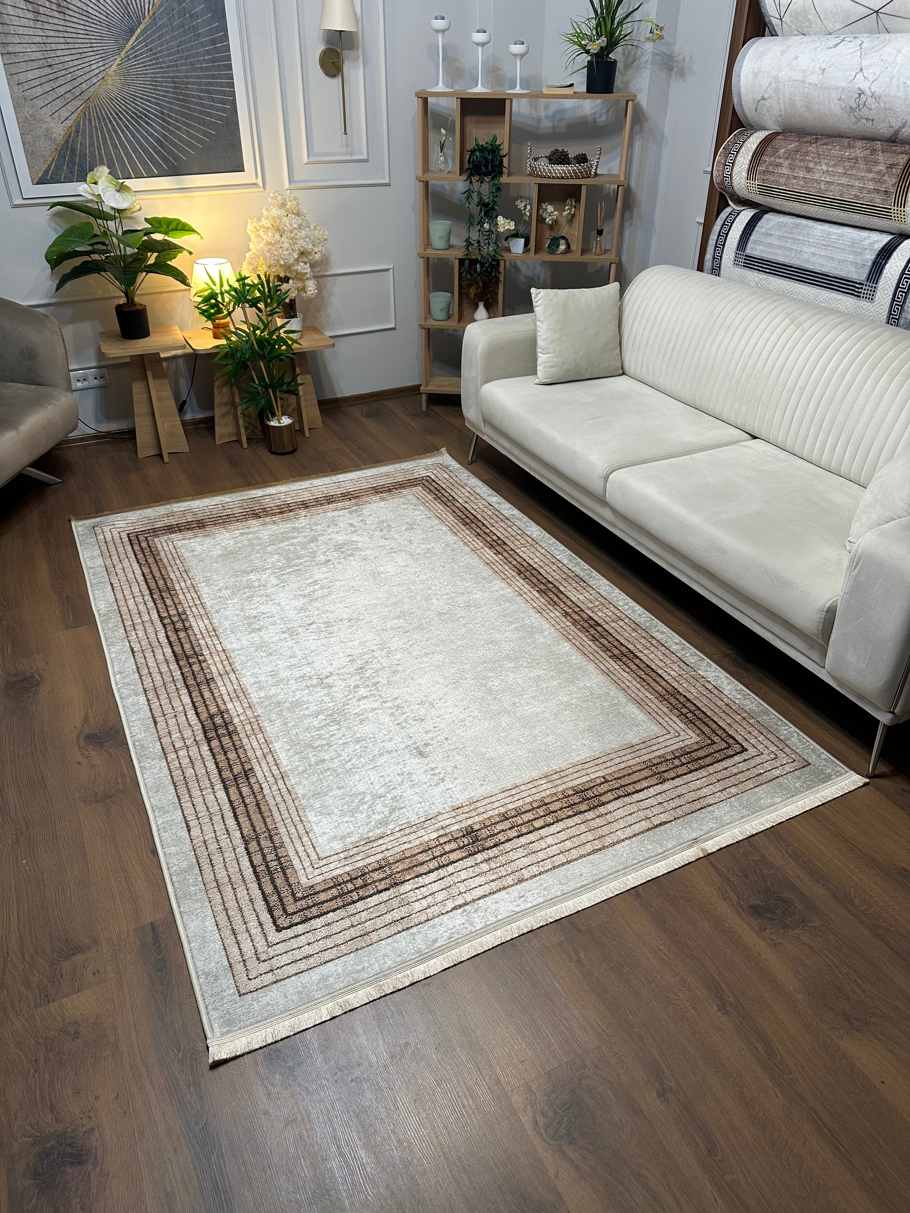 DELHİ BEJ - Kaymaz Deri Taban Makinede Yıkanabilir Salon Oturma Odası Mutfak Halısı