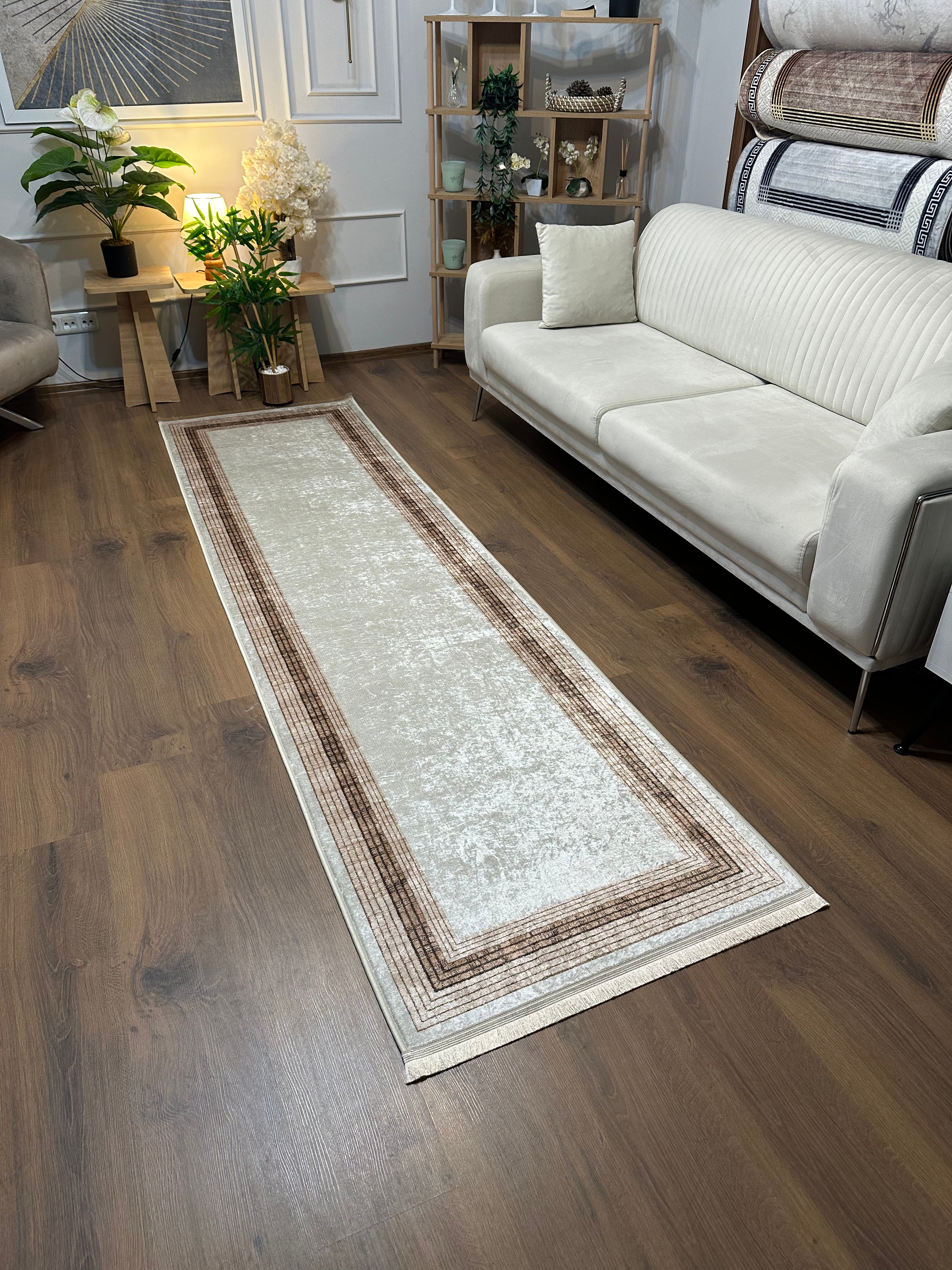 DELHİ BEJ - Kaymaz Deri Taban Makinede Yıkanabilir Salon Oturma Odası Mutfak Halısı