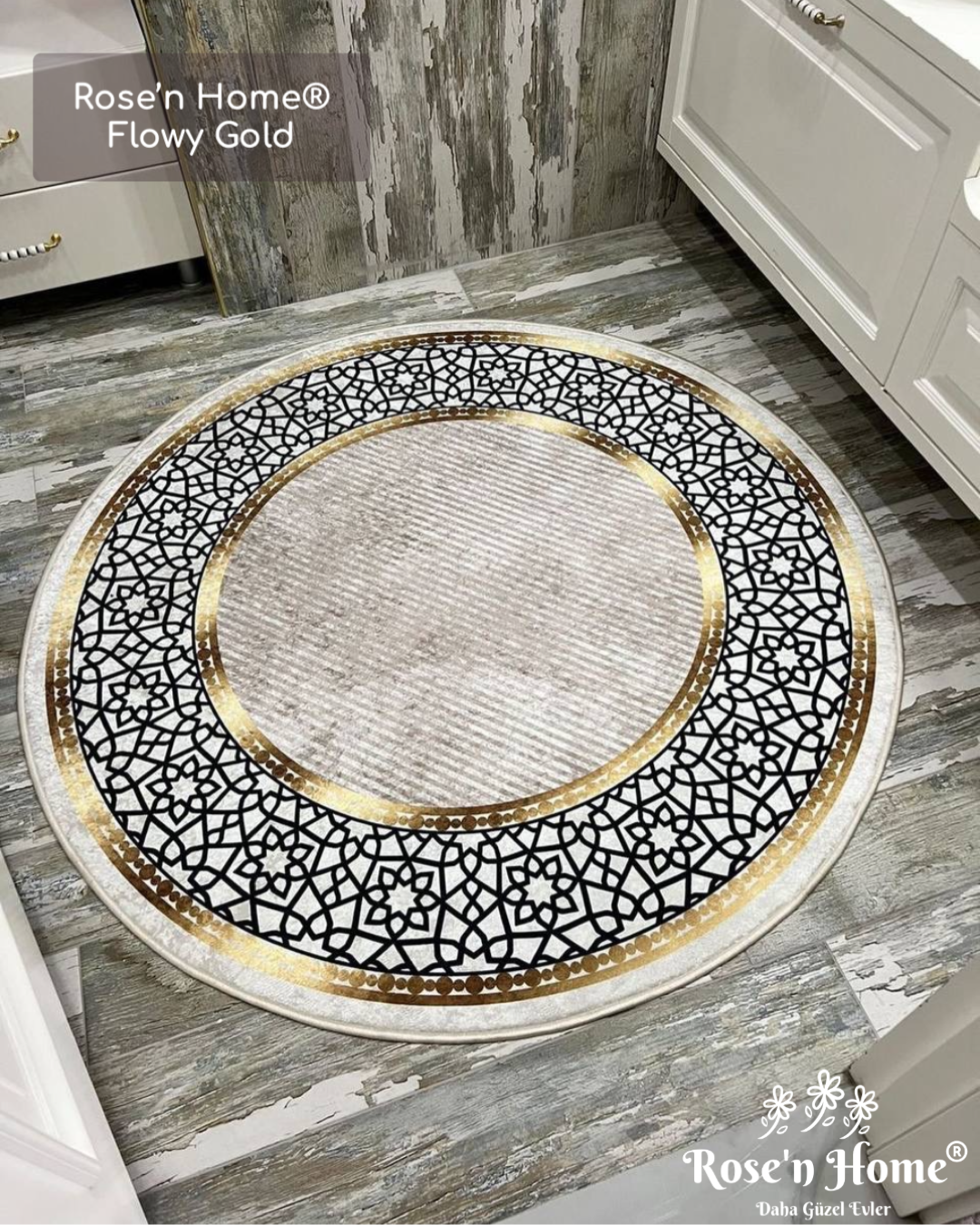 FLOWY GOLD - Kaymaz Deri Taban Makinede Yıkanabilir Salon Oturma Odası Mutfak Halısı