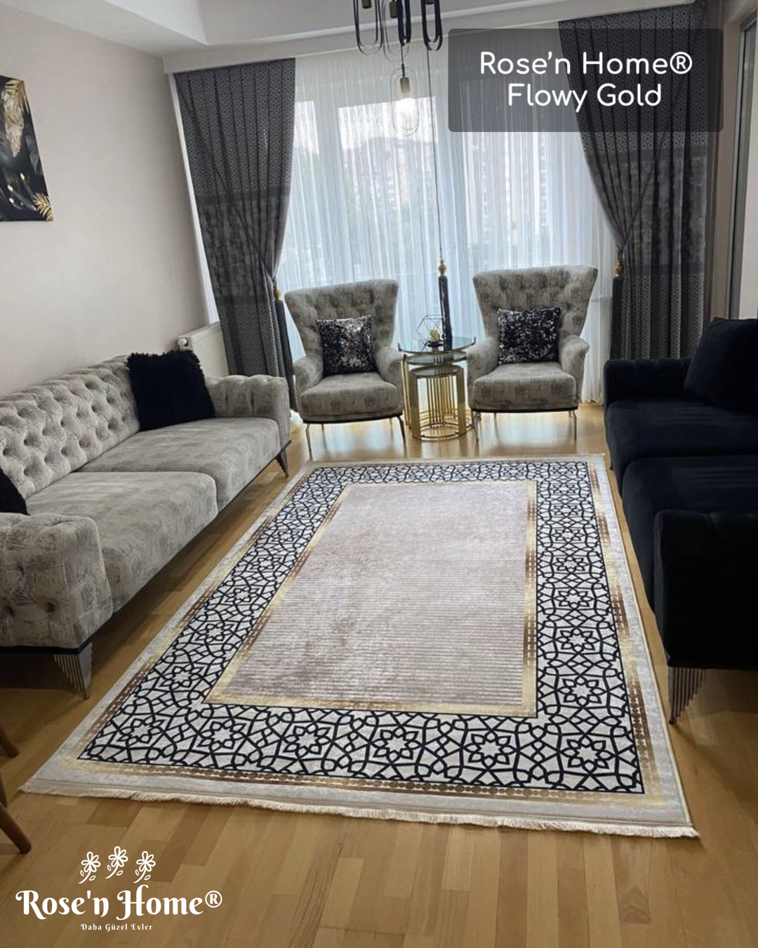FLOWY GOLD - Kaymaz Deri Taban Makinede Yıkanabilir Salon Oturma Odası Mutfak Halısı