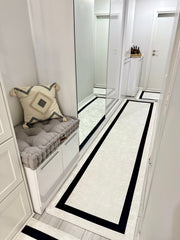 FRAME LİNE BEYAZ - Kaymaz Deri Taban Makinede Yıkanabilir Salon Oturma Odası Mutfak Halısı