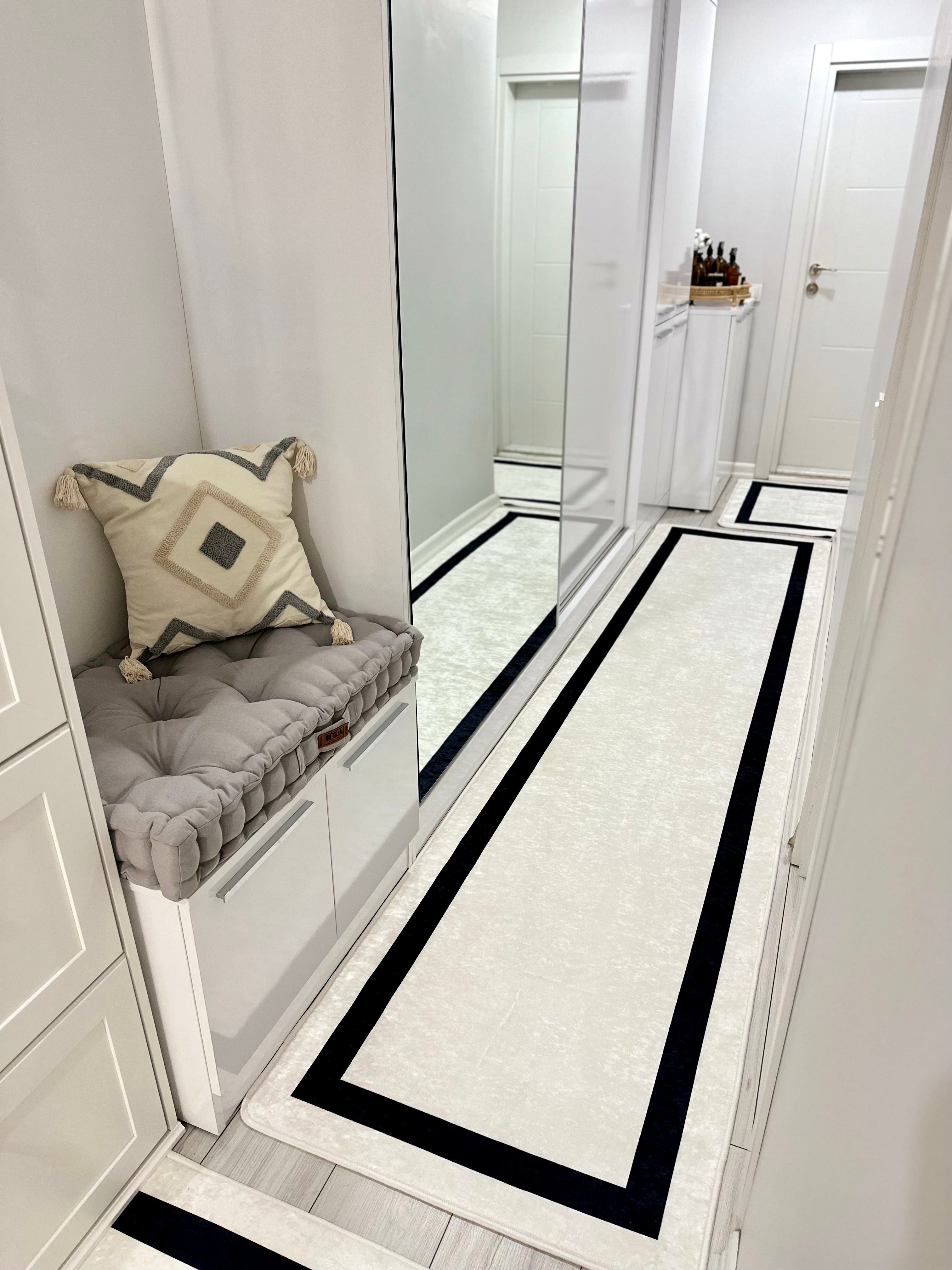 FRAME LİNE BEYAZ - Kaymaz Deri Taban Makinede Yıkanabilir Salon Oturma Odası Mutfak Halısı
