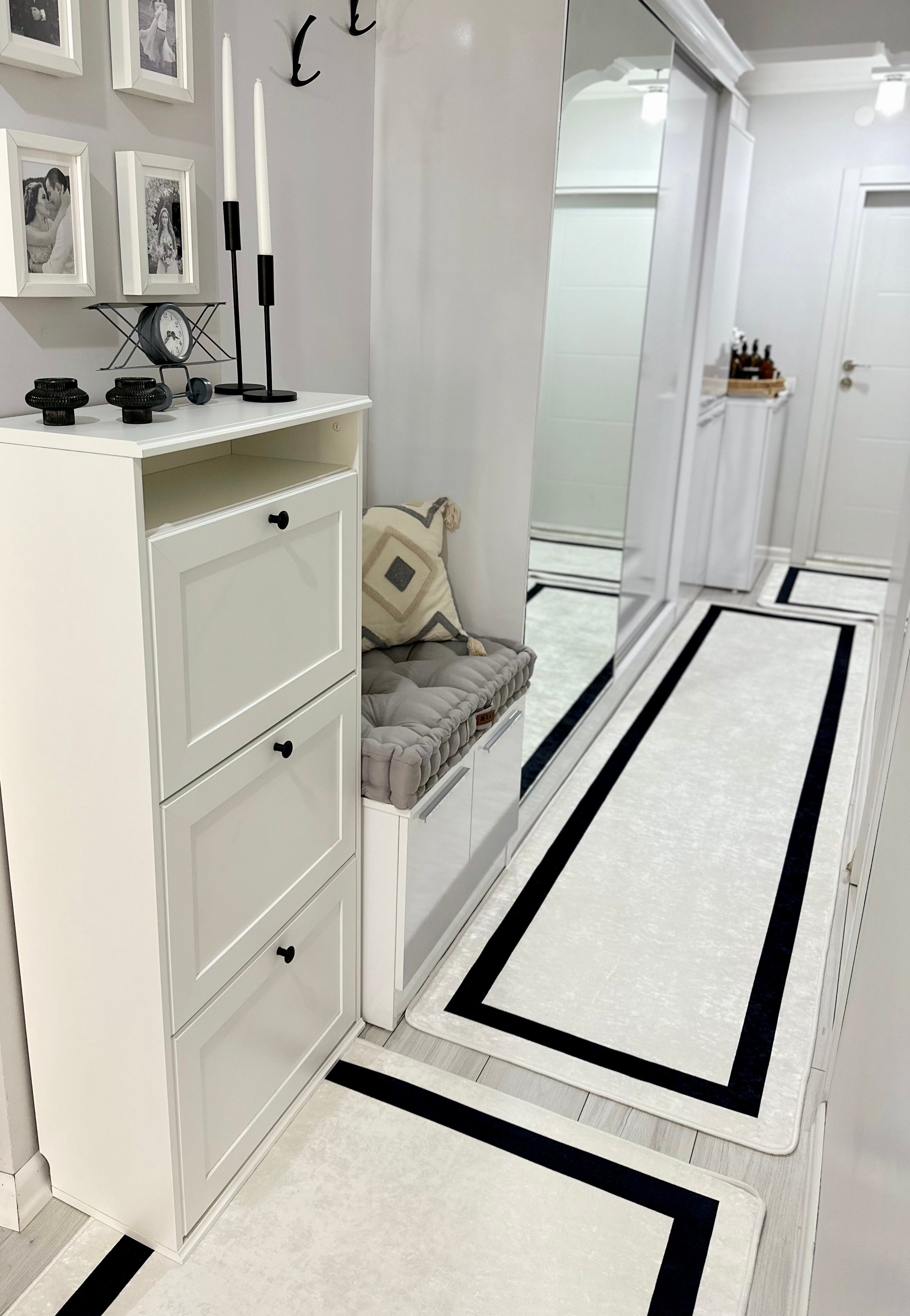 FRAME LİNE BEYAZ - Kaymaz Deri Taban Makinede Yıkanabilir Salon Oturma Odası Mutfak Halısı
