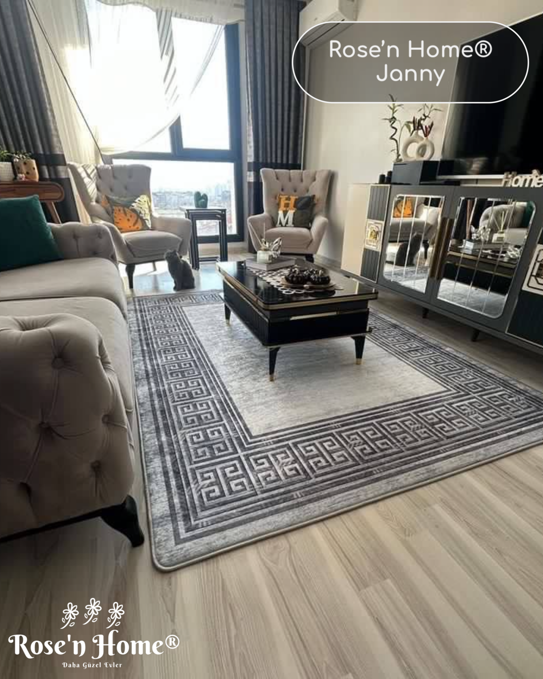 JANNY - Kaymaz Deri Taban Makinede Yıkanabilir Salon Oturma Odası Mutfak Halısı