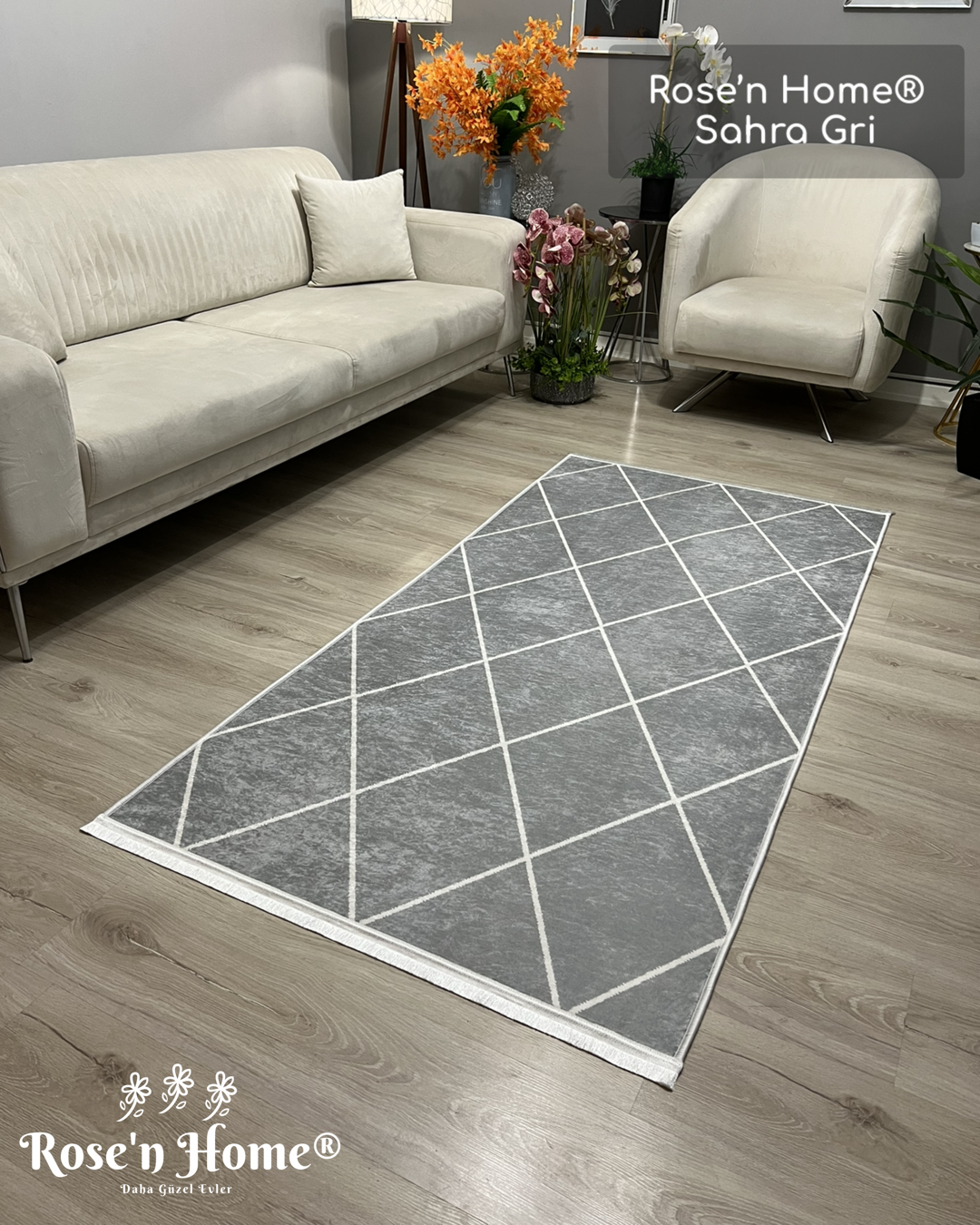 SAHRA GRİ - Kaymaz Deri Taban Makinede Yıkanabilir Salon Oturma Odası Mutfak Halısı
