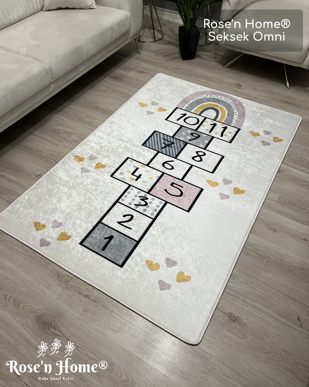 SEKSEK OMNİ - Kaymaz Deri Taban Makinede Yıkanabilir Salon Oturma Odası Mutfak Halısı