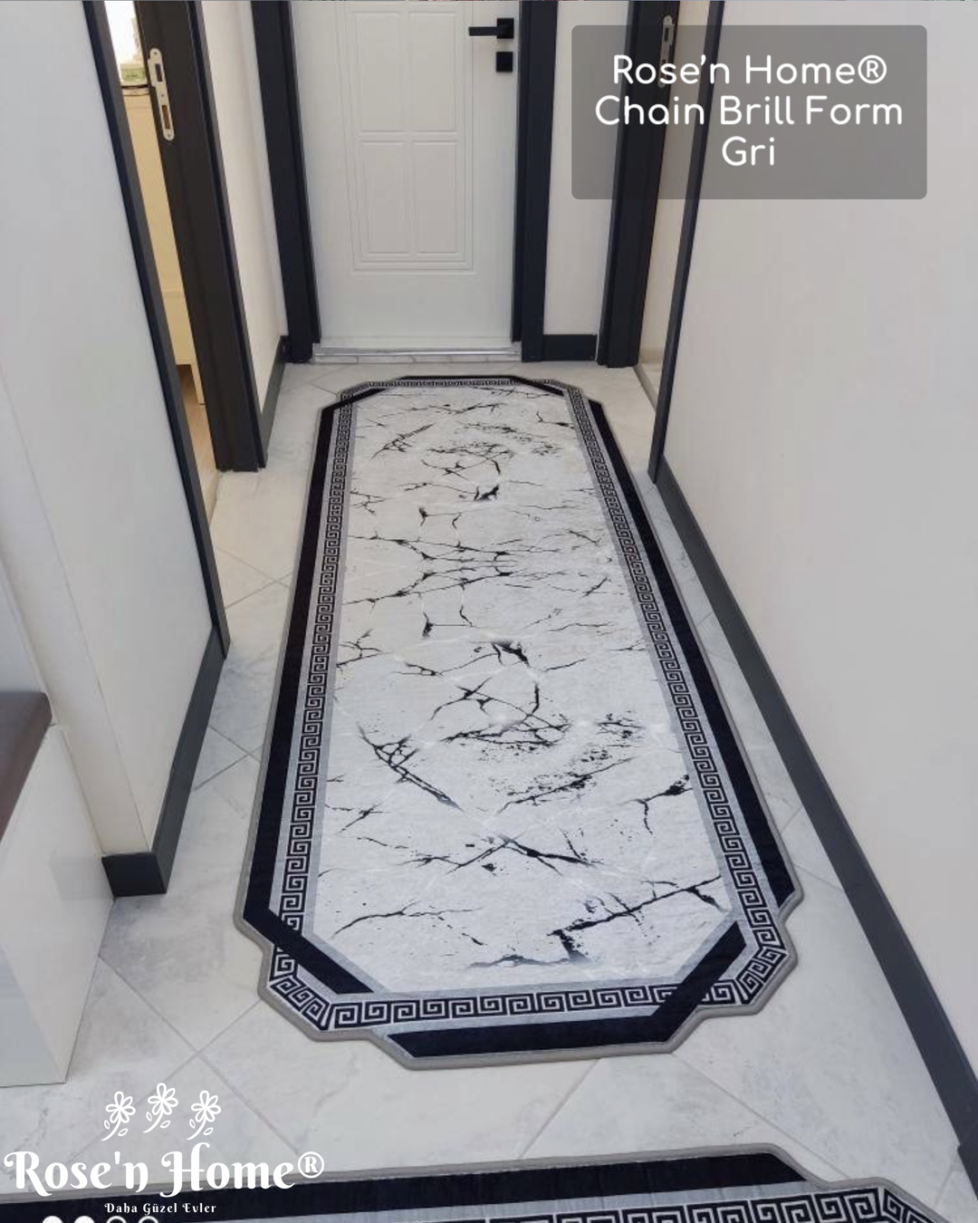 CHAİN BRİLL FORM GRİ - Kaymaz Deri Taban Makinede Yıkanabilir Salon Oturma Odası Mutfak Halısı