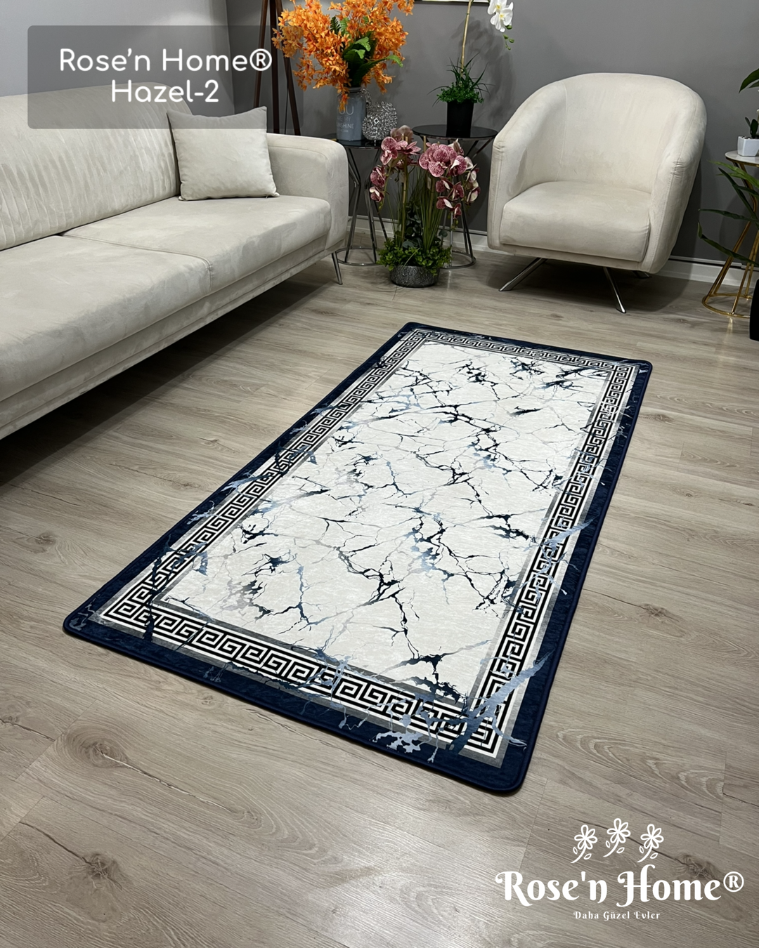 HAZEL-2 - Kaymaz Deri Taban Makinede Yıkanabilir Salon Oturma Odası Mutfak Halısı