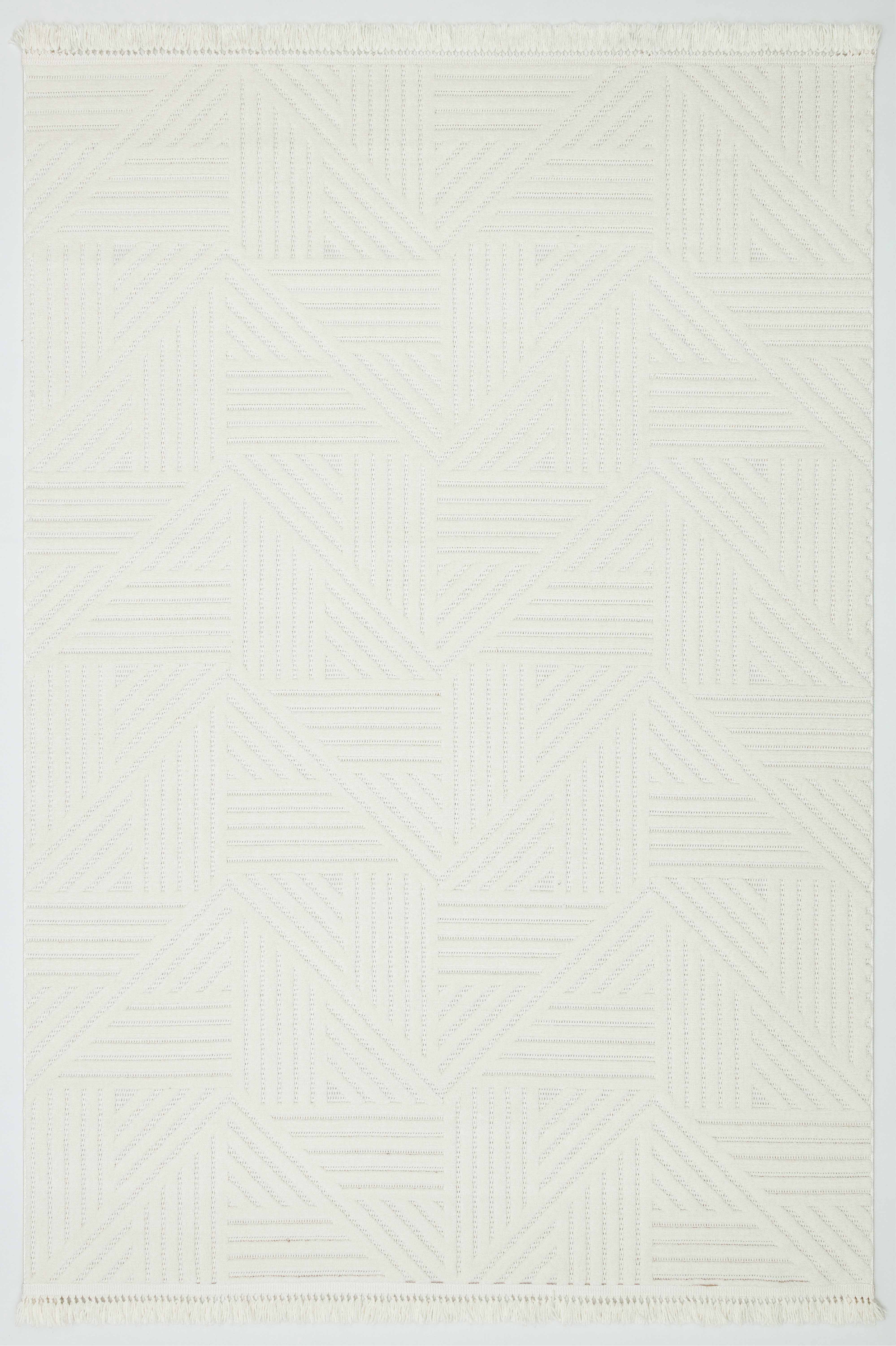 MİLAS C12-KREM Kabartmalı Modern Geometrik Desenli Salon Koridor Mutfak Halısı