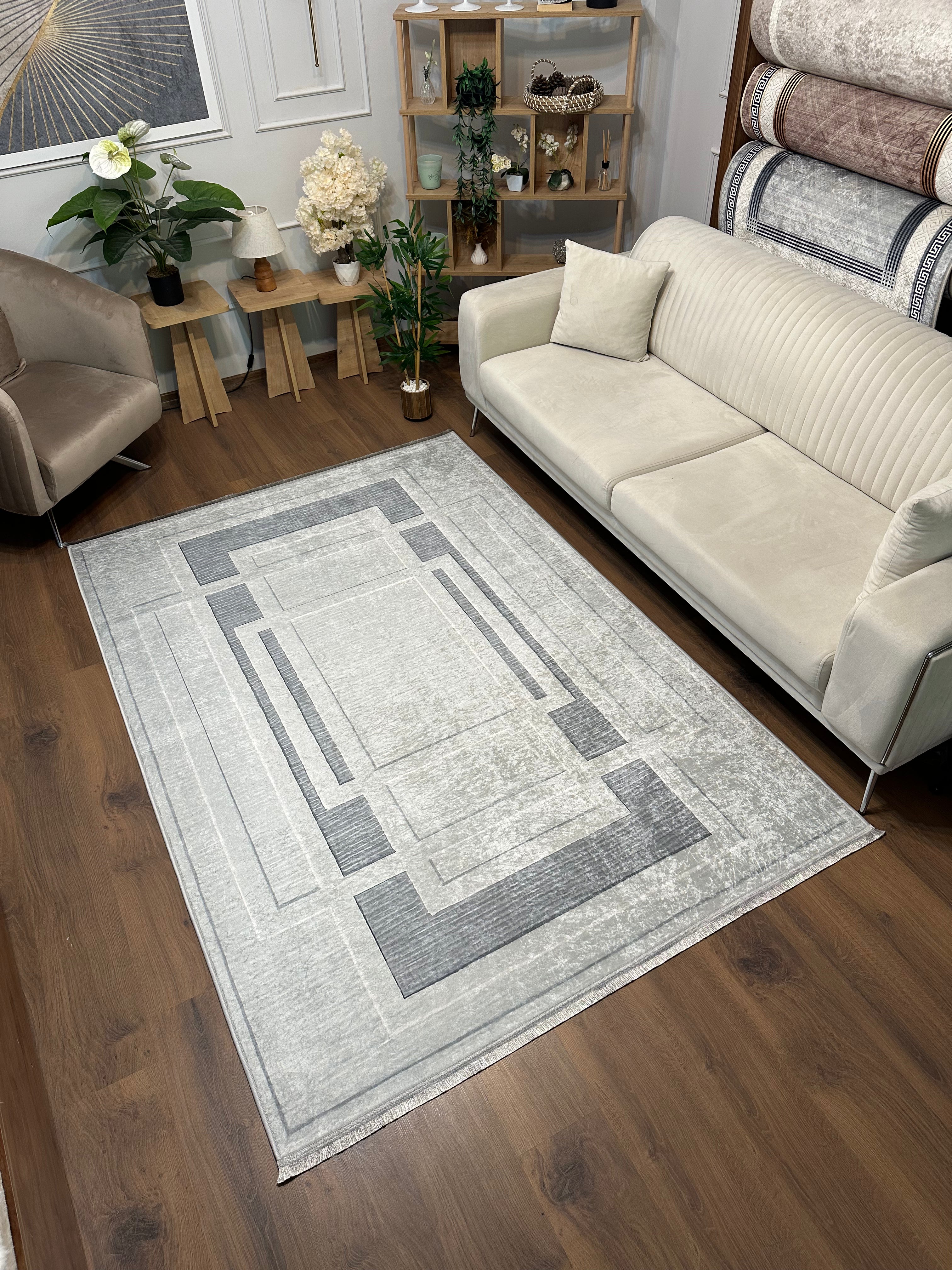 GARDEN GRİ - Kaymaz Deri Taban Makinede Yıkanabilir Salon Oturma Odası Mutfak Halısı