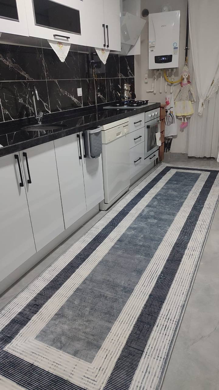 MİRANDA GRİ - Kaymaz Deri Taban Makinede Yıkanabilir Salon Oturma Odası Mutfak Halısı