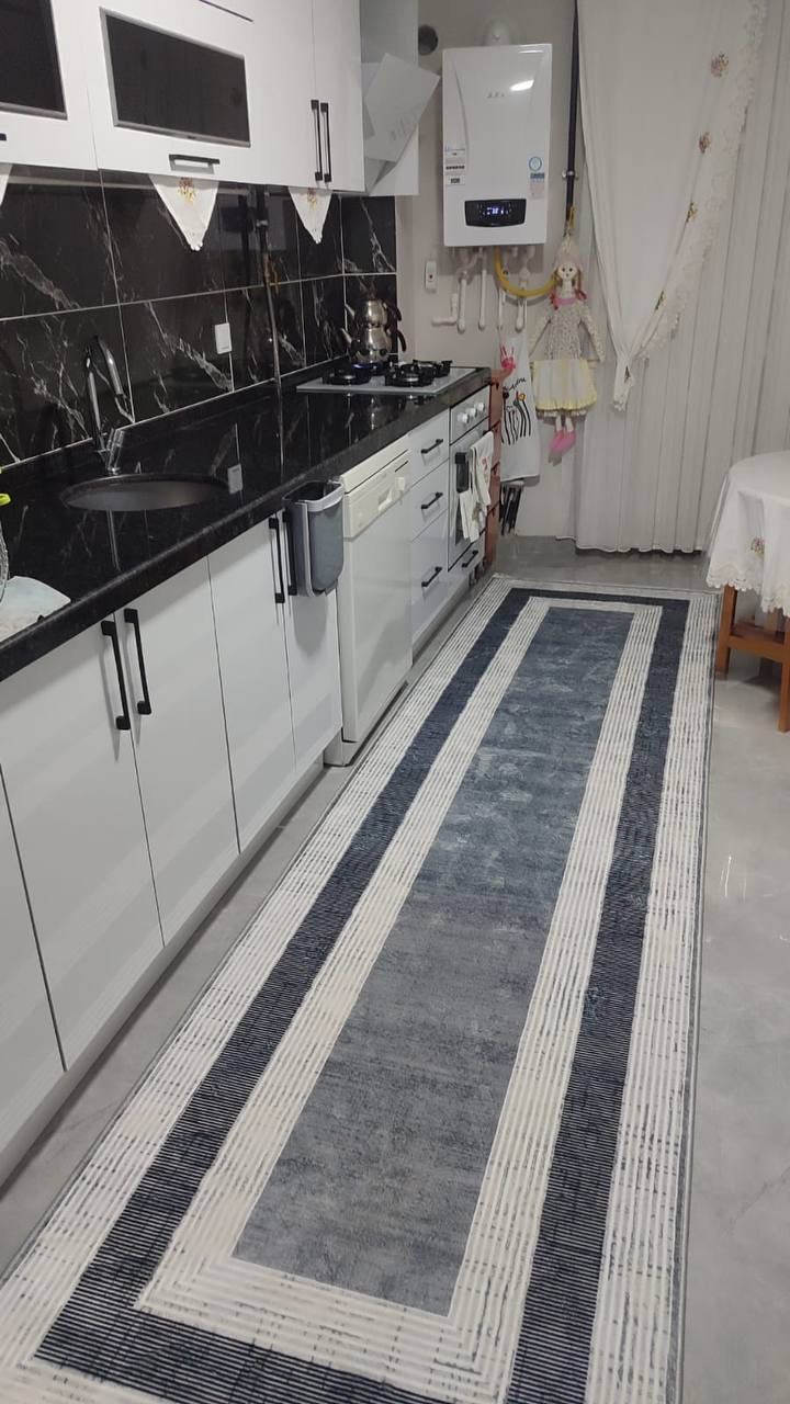 MİRANDA GRİ - Kaymaz Deri Taban Makinede Yıkanabilir Salon Oturma Odası Mutfak Halısı