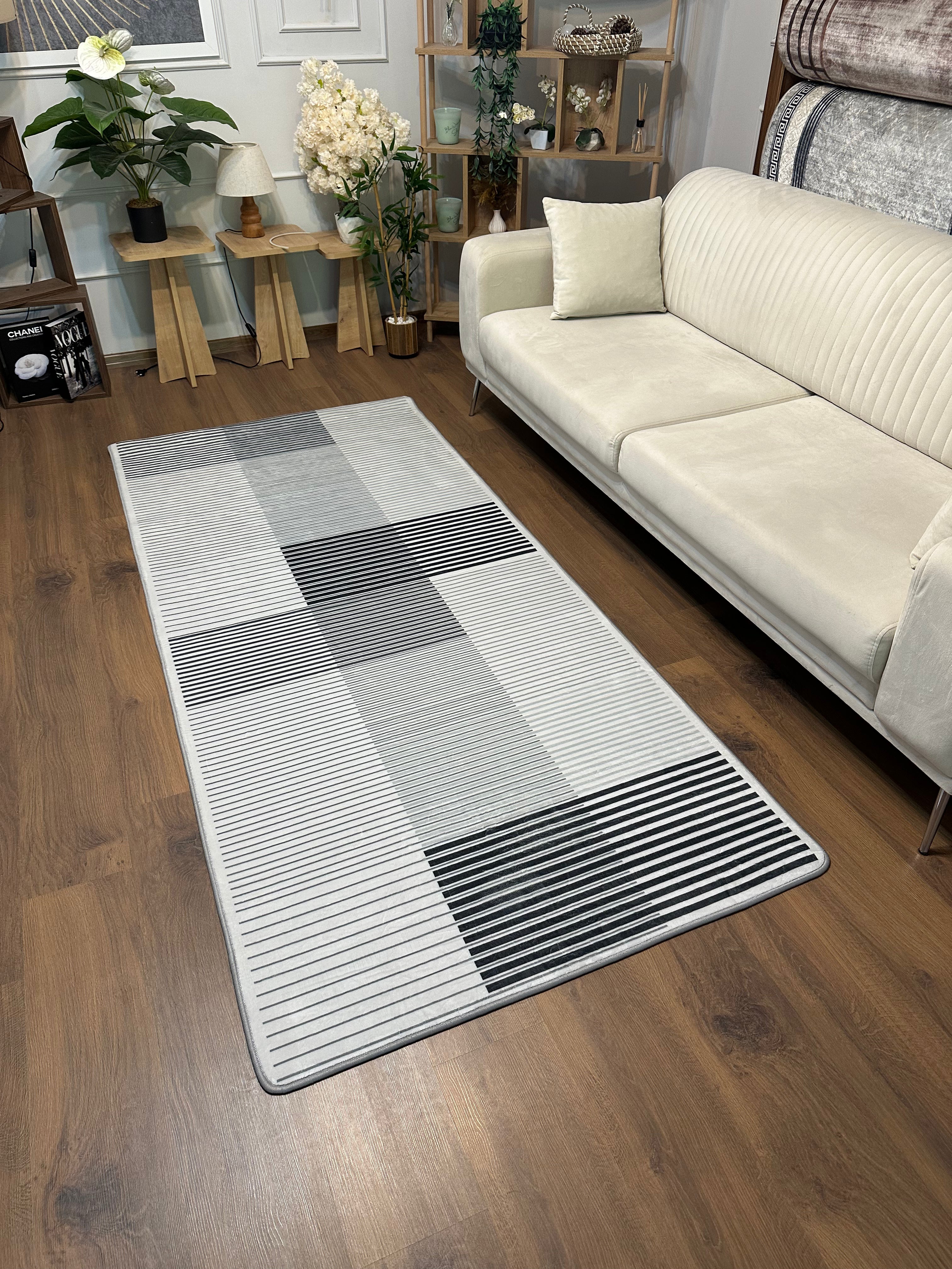 MULTİLİNE GRİ - Kaymaz Deri Taban Makinede Yıkanabilir Salon Oturma Odası Mutfak Halısı
