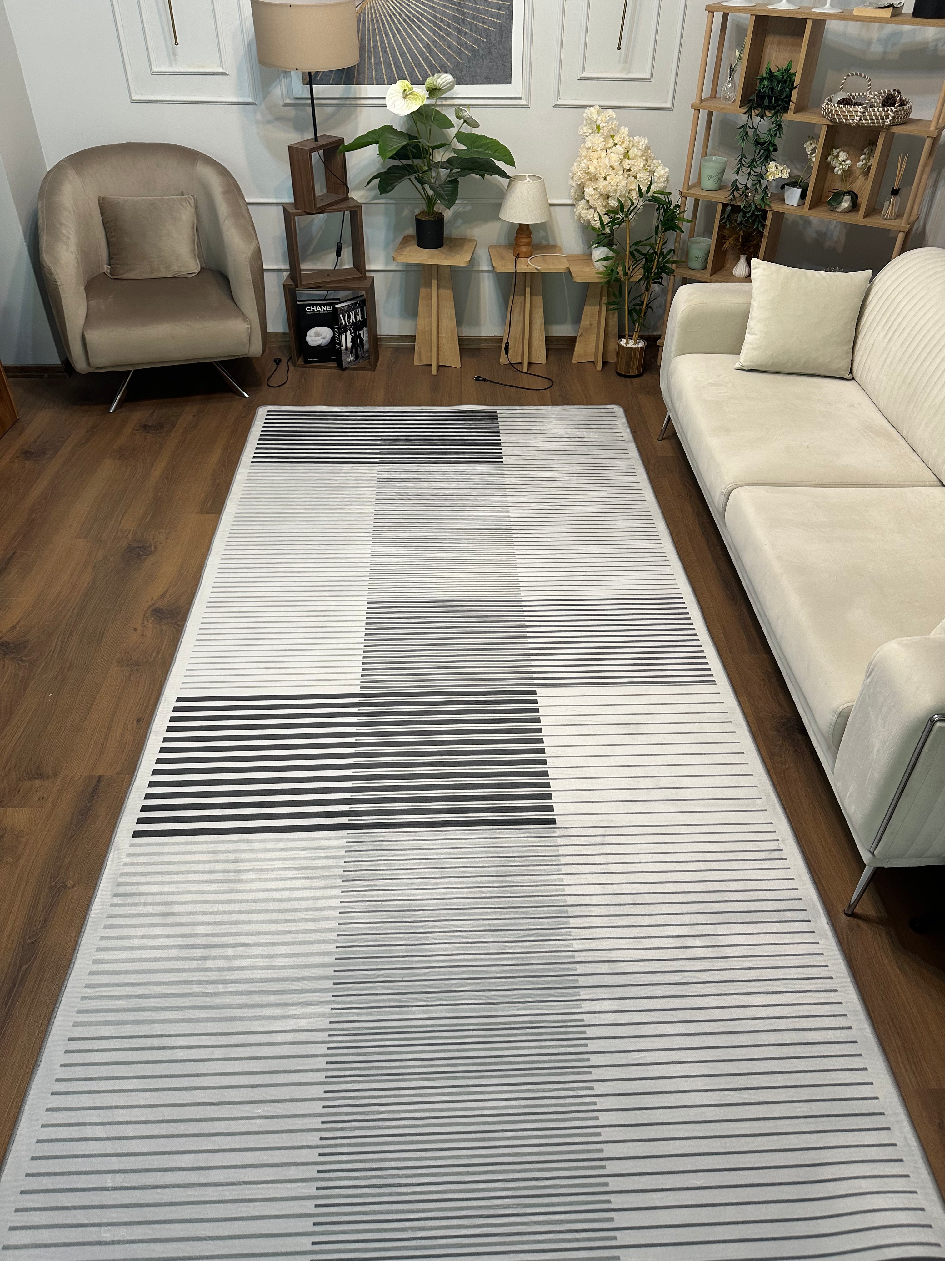 MULTİLİNE GRİ - Kaymaz Deri Taban Makinede Yıkanabilir Salon Oturma Odası Mutfak Halısı