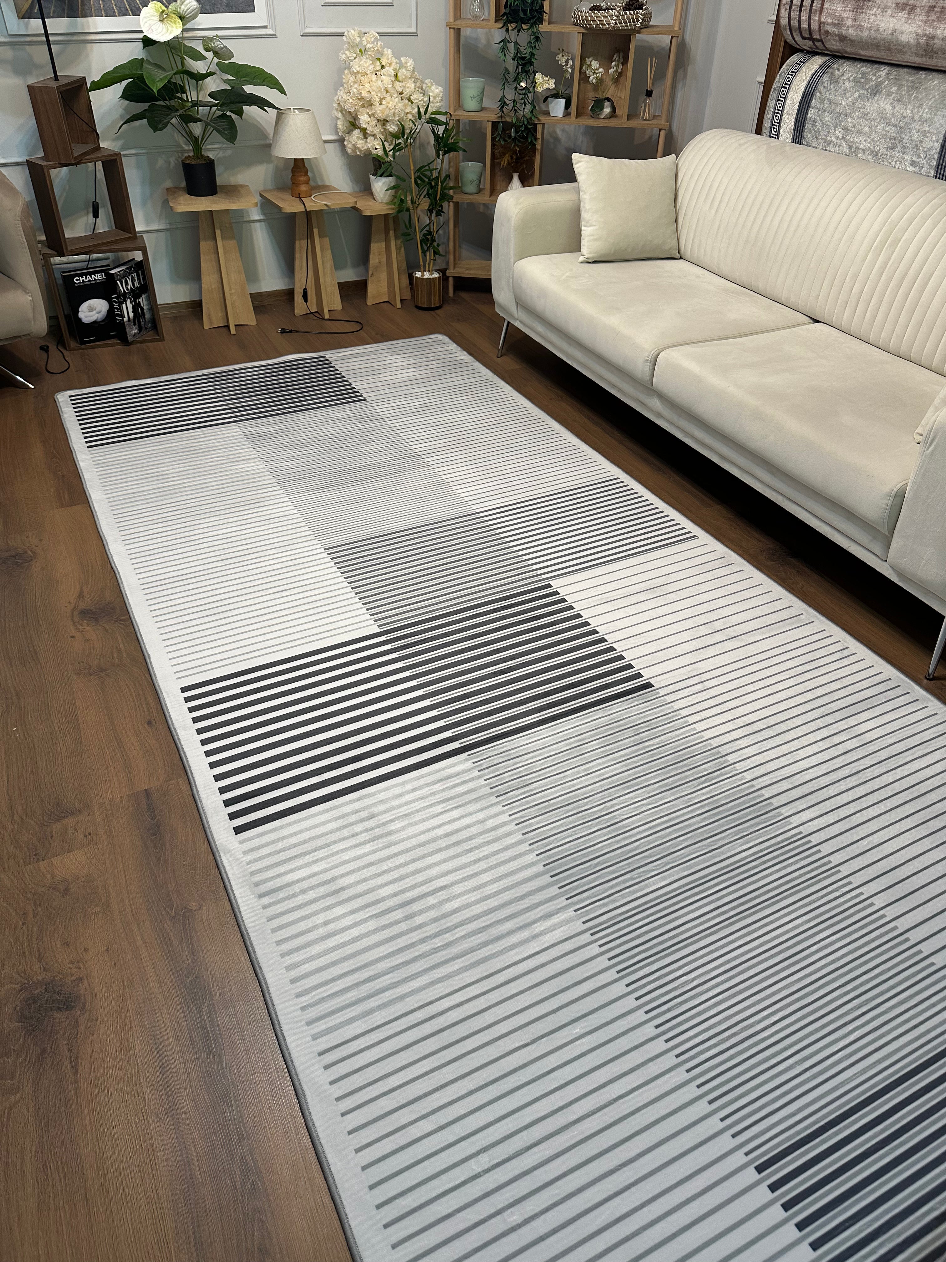 MULTİLİNE GRİ - Kaymaz Deri Taban Makinede Yıkanabilir Salon Oturma Odası Mutfak Halısı