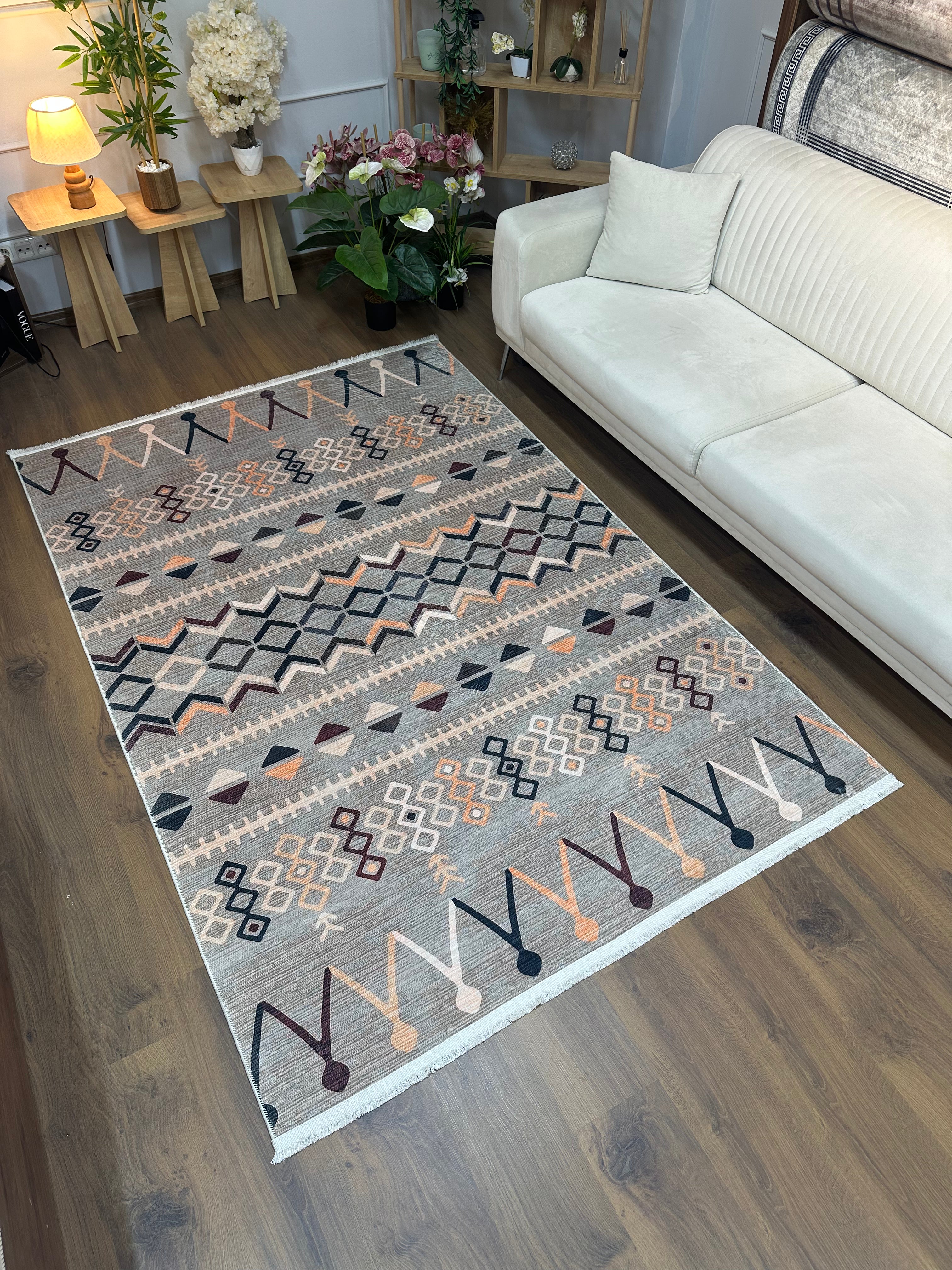 ALABANDA - Kaymaz Deri Taban Makinede Yıkanabilir Salon Oturma Odası Mutfak Halısı