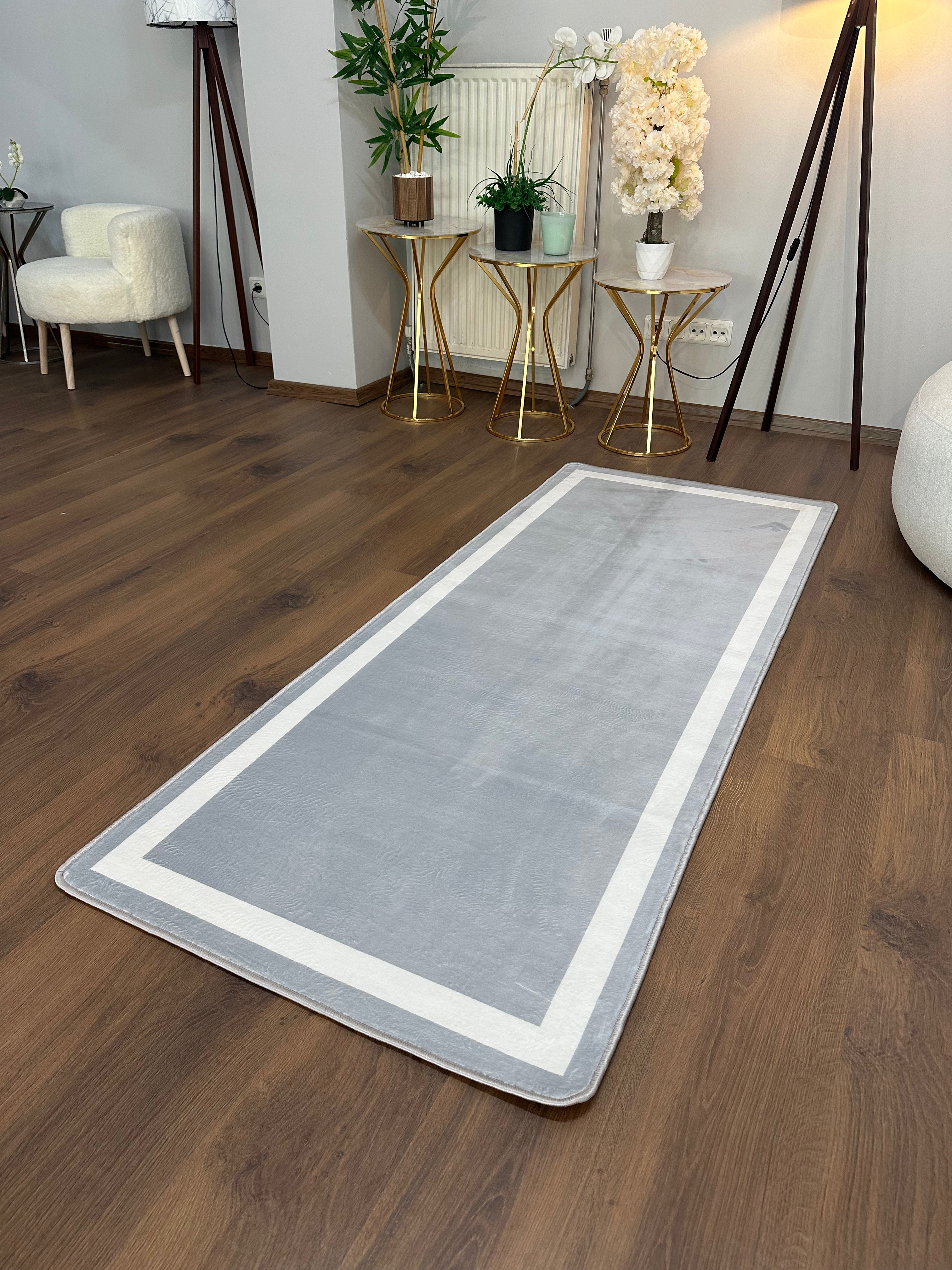 FRAME LİNE GRİ - Kaymaz Deri Taban Makinede Yıkanabilir Salon Oturma Odası Mutfak Halısı