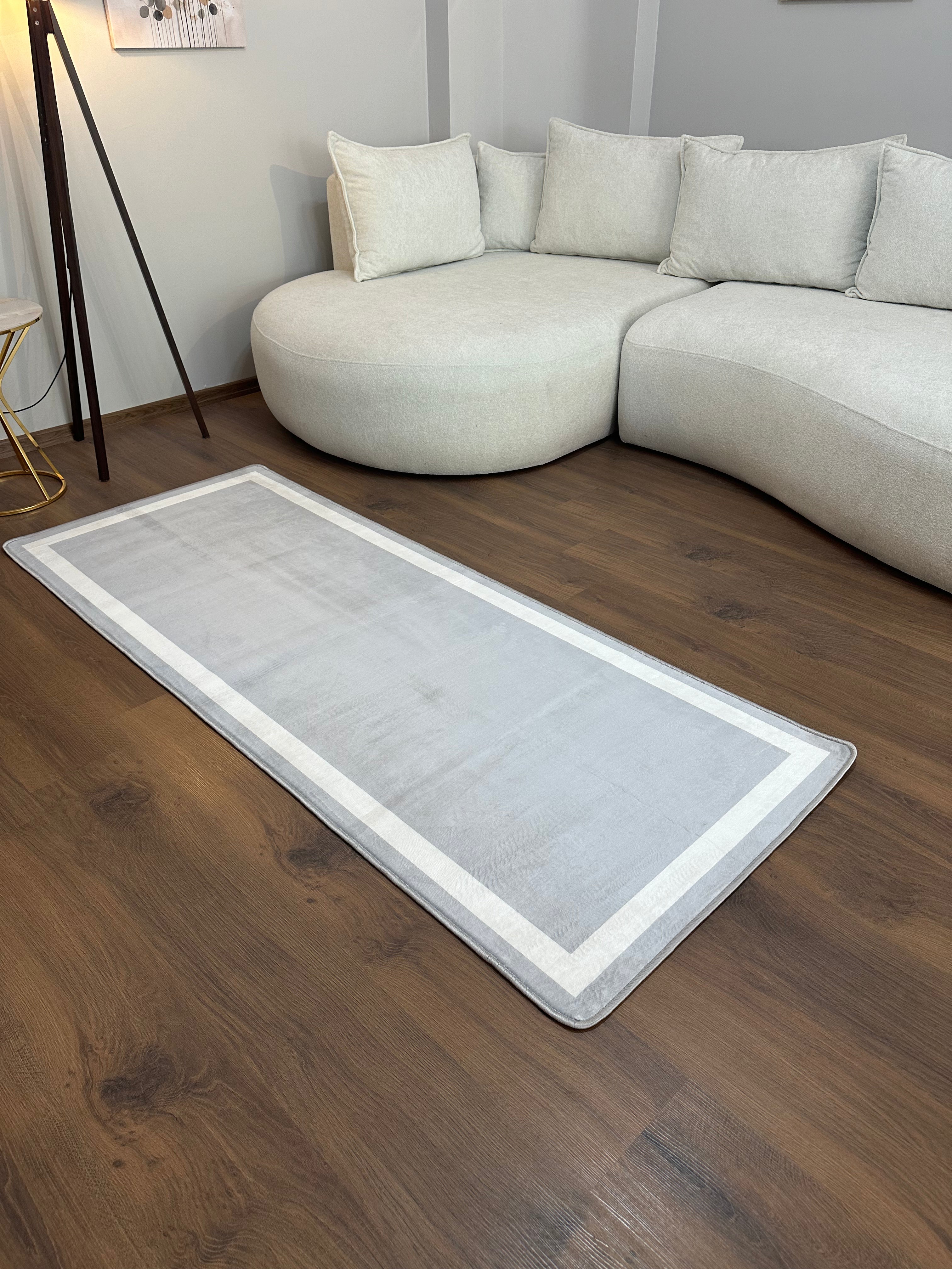 FRAME LİNE GRİ - Kaymaz Deri Taban Makinede Yıkanabilir Salon Oturma Odası Mutfak Halısı