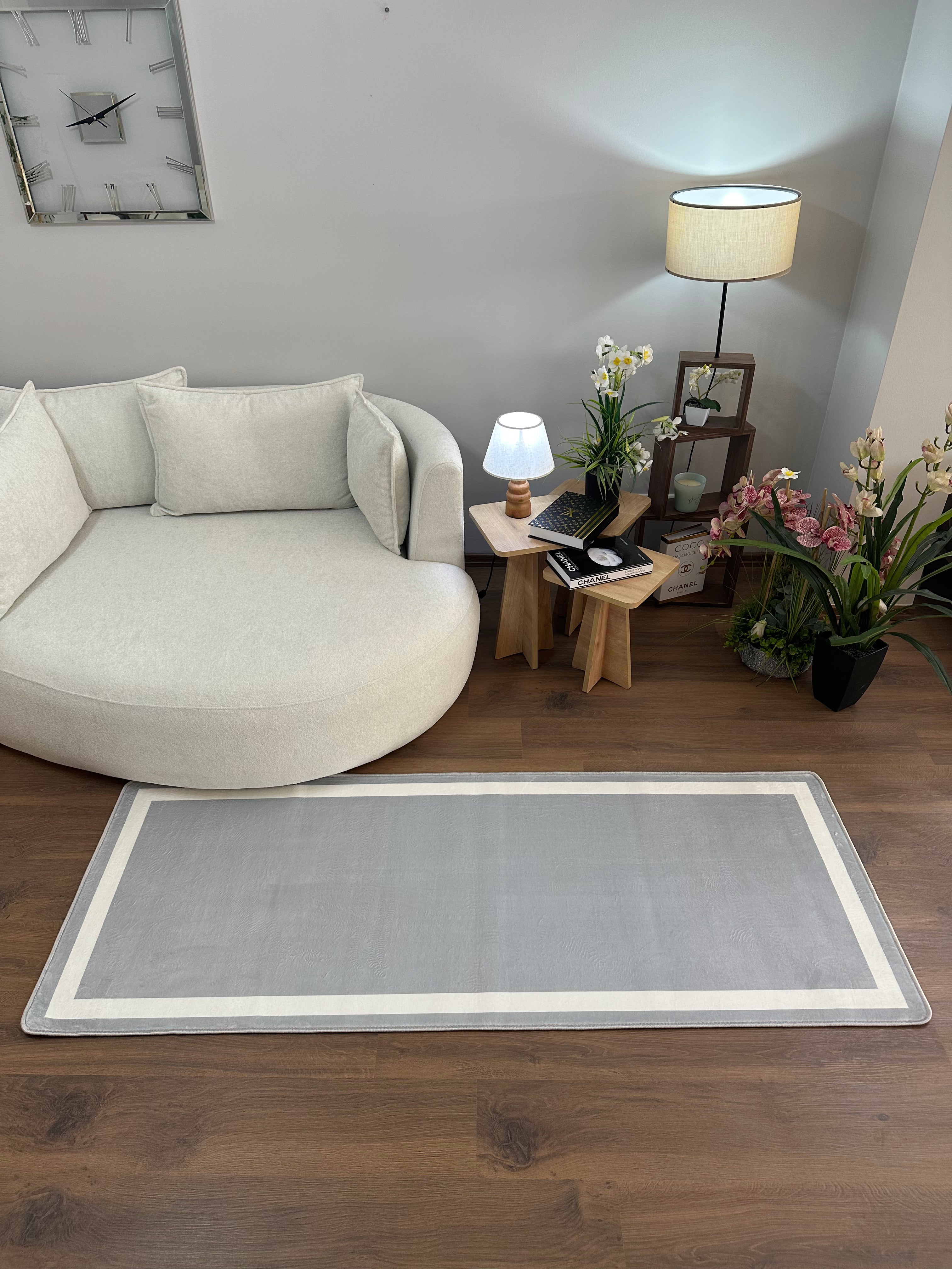 FRAME LİNE GRİ - Kaymaz Deri Taban Makinede Yıkanabilir Salon Oturma Odası Mutfak Halısı