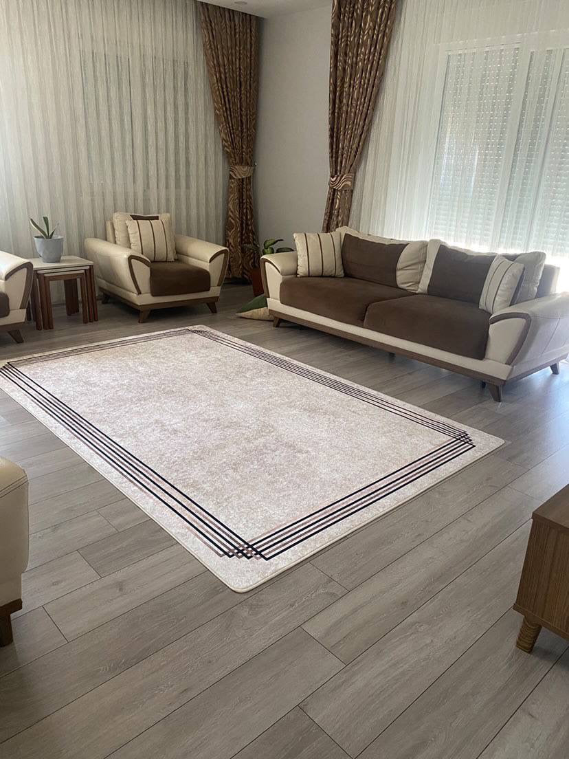 ALFA - Kaymaz Deri Taban Makinede Yıkanabilir Salon Oturma Odası Mutfak Halısı
