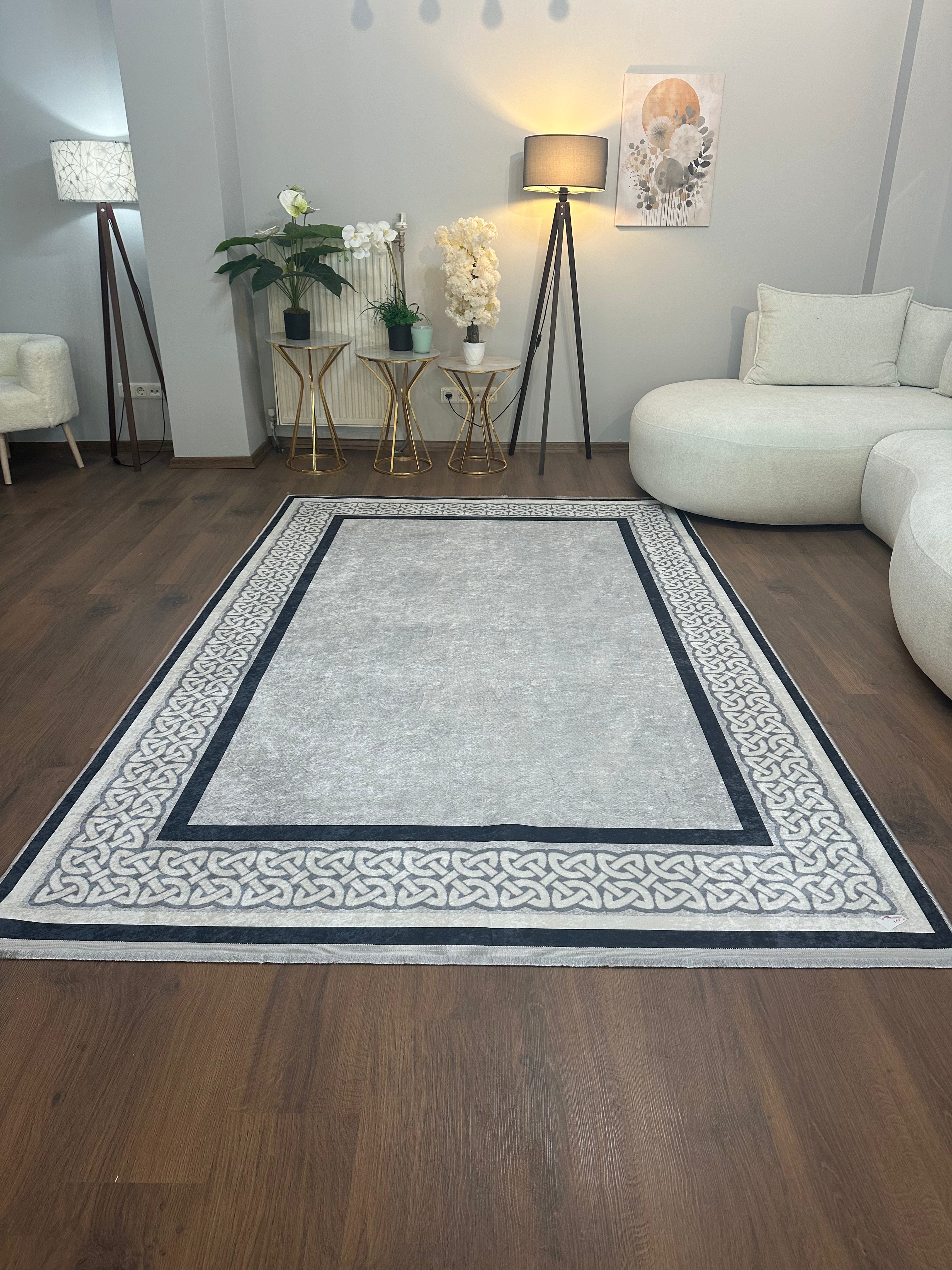 OLİVİA GRİ - Kaymaz Deri Taban Makinede Yıkanabilir Salon Oturma Odası Mutfak Halısı