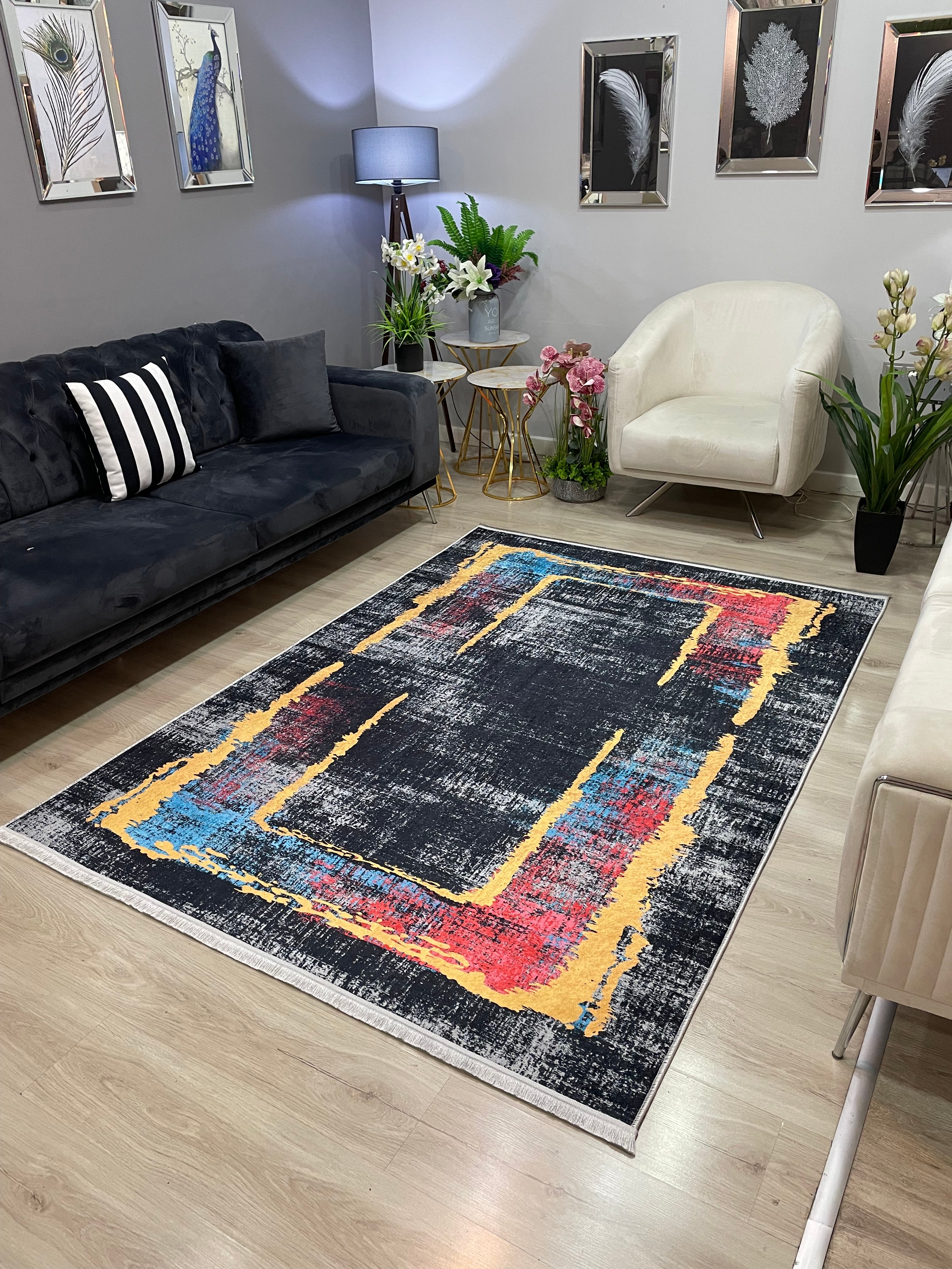 KARMA - Kaymaz Deri Taban Makinede Yıkanabilir Salon Oturma Odası Mutfak Halısı