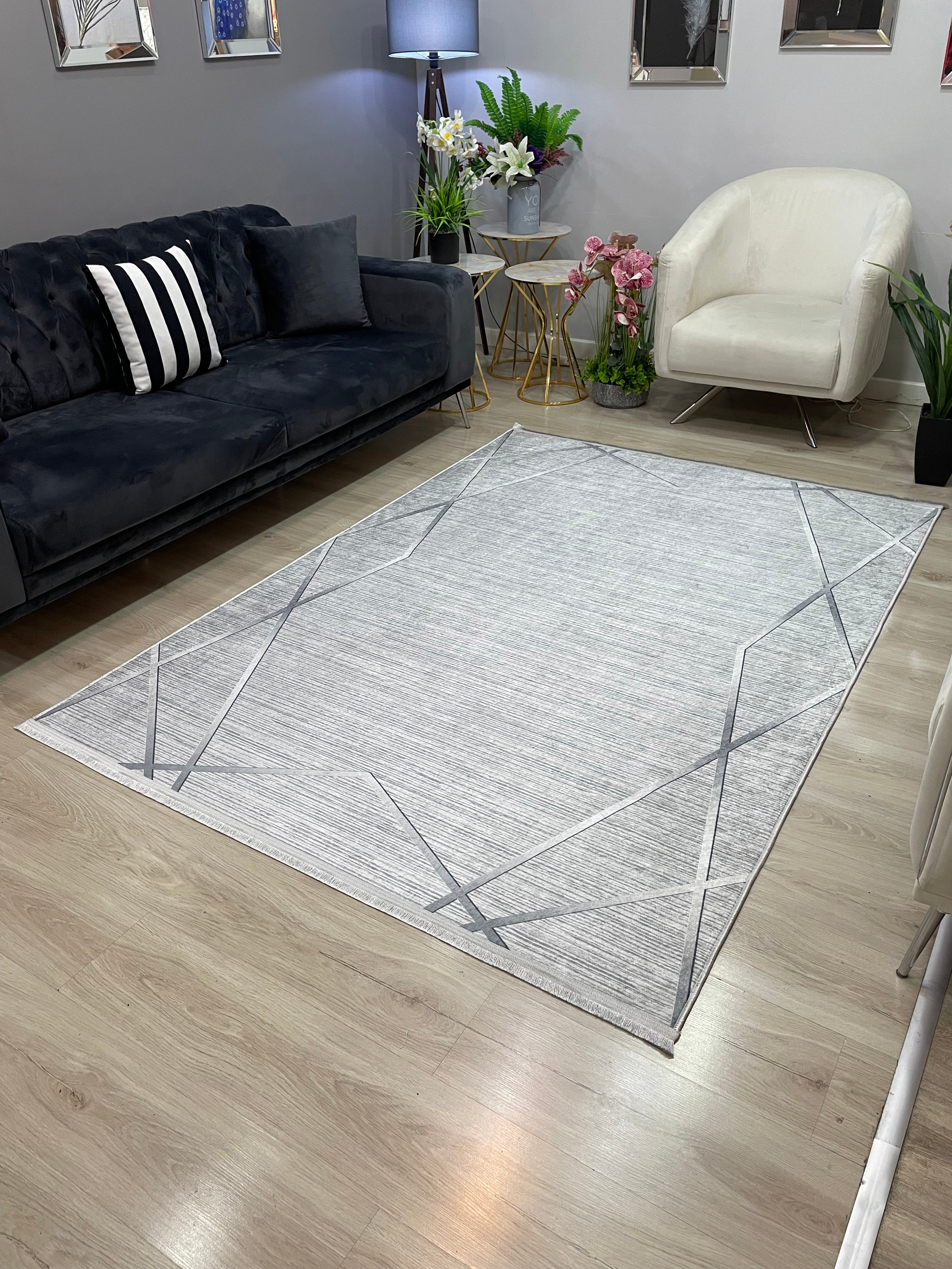 MİLAD PLATİN GÜMÜŞ - Kaymaz Deri Taban Makinede Yıkanabilir Salon Oturma Odası Mutfak Halısı