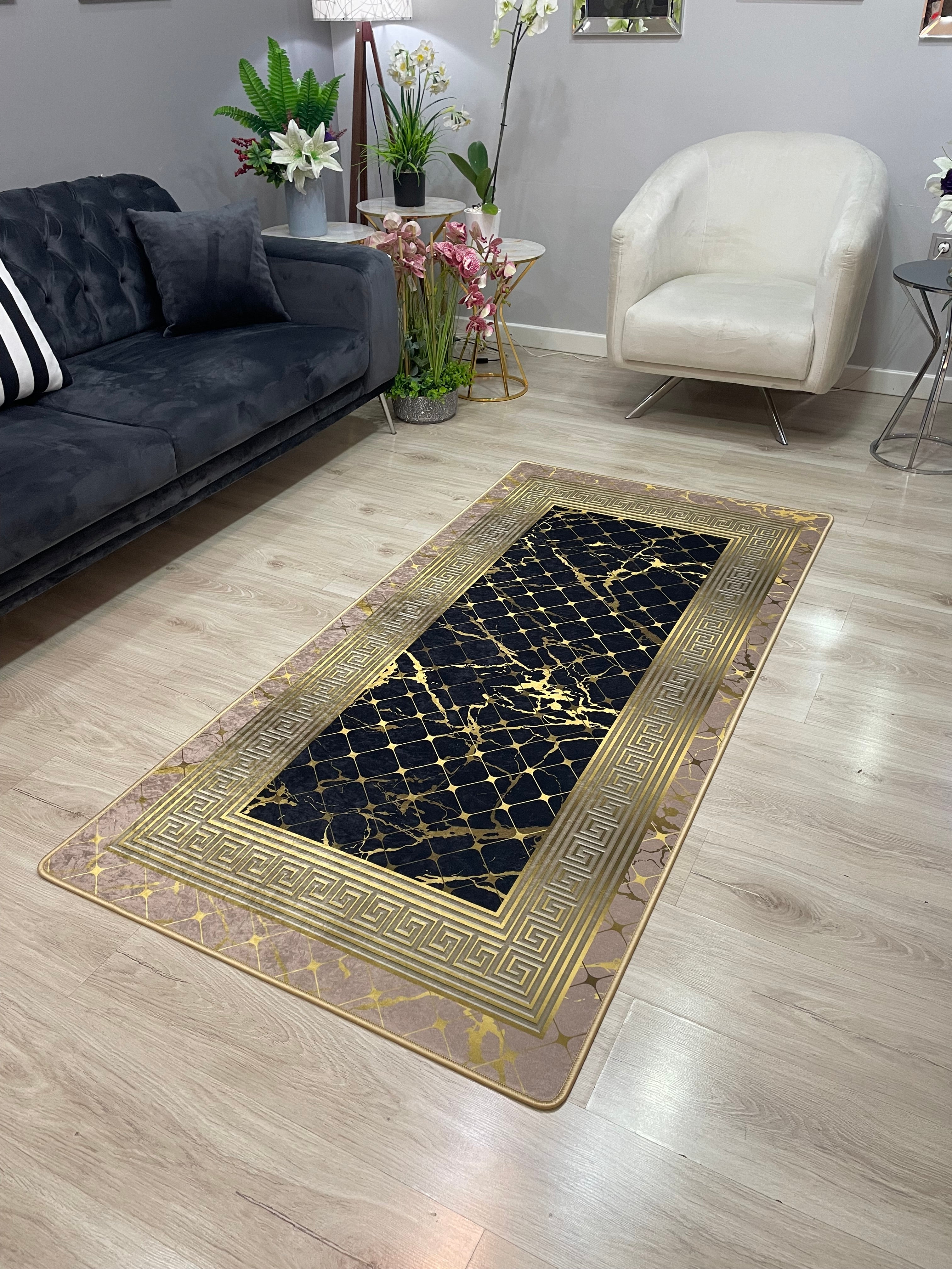 KANBERRA GOLD - Kaymaz Deri Taban Makinede Yıkanabilir Salon Oturma Odası Mutfak Halısı