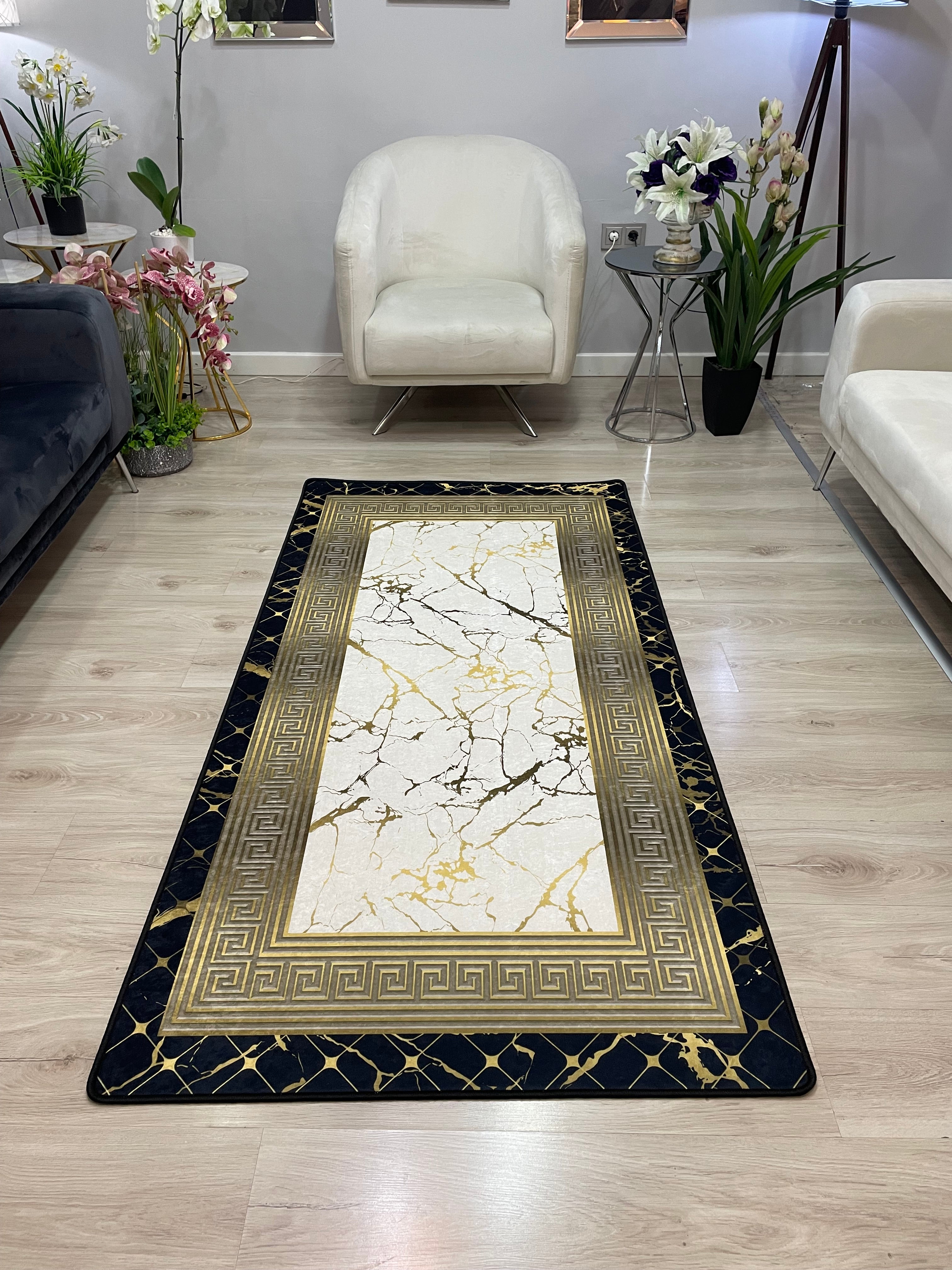 KANBERRA BLACK GOLD - Kaymaz Deri Taban Makinede Yıkanabilir Salon Oturma Odası Mutfak Halısı