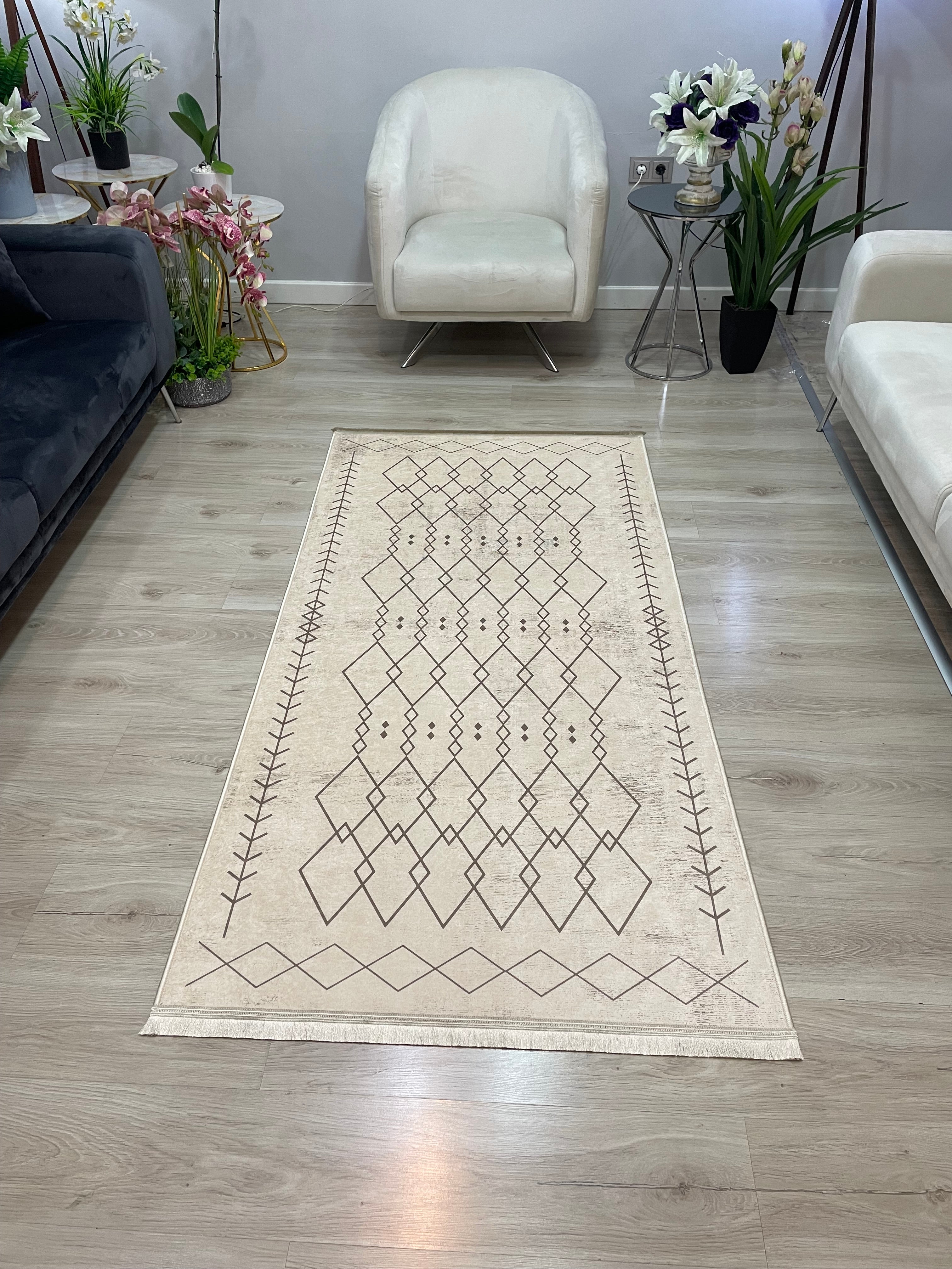 OTTOMAN KREM - Kaymaz Deri Taban Makinede Yıkanabilir Salon Oturma Odası Mutfak Halısı