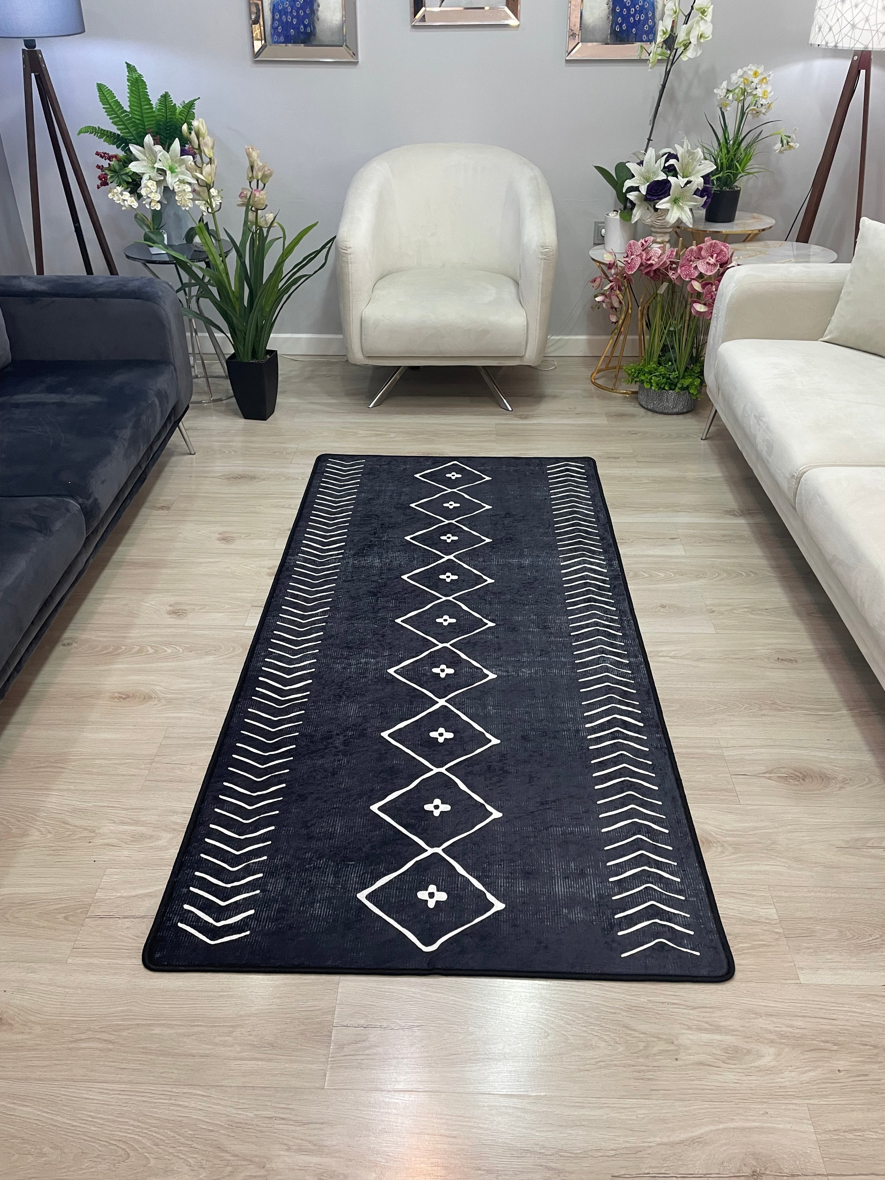 İSKANDİNAV ANTİK SİYAH - Kaymaz Deri Taban Makinede Yıkanabilir Salon Oturma Odası Mutfak Halısı