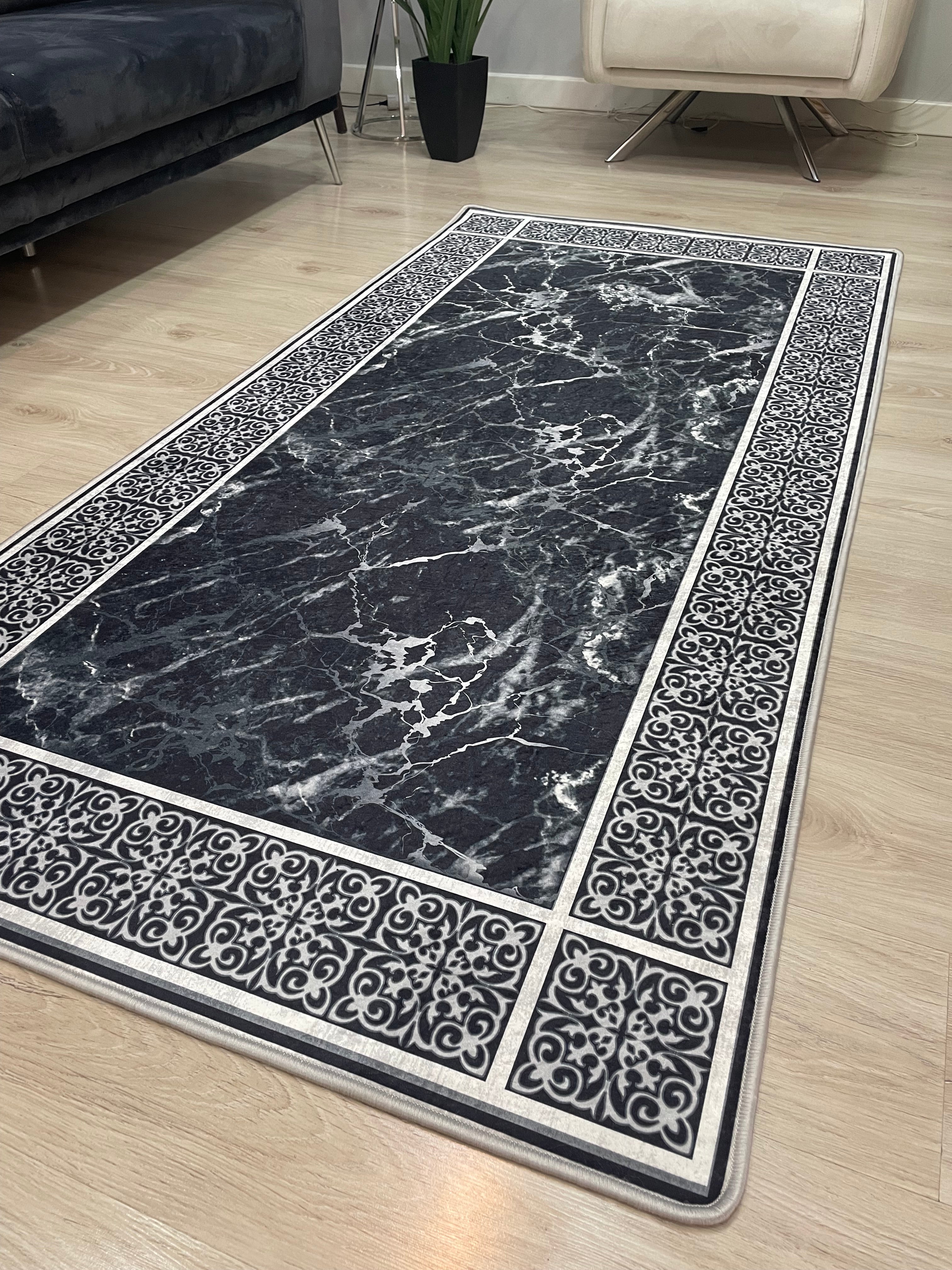 LOREN SİYAH - Kaymaz Deri Taban Makinede Yıkanabilir Salon Oturma Odası Mutfak Halısı