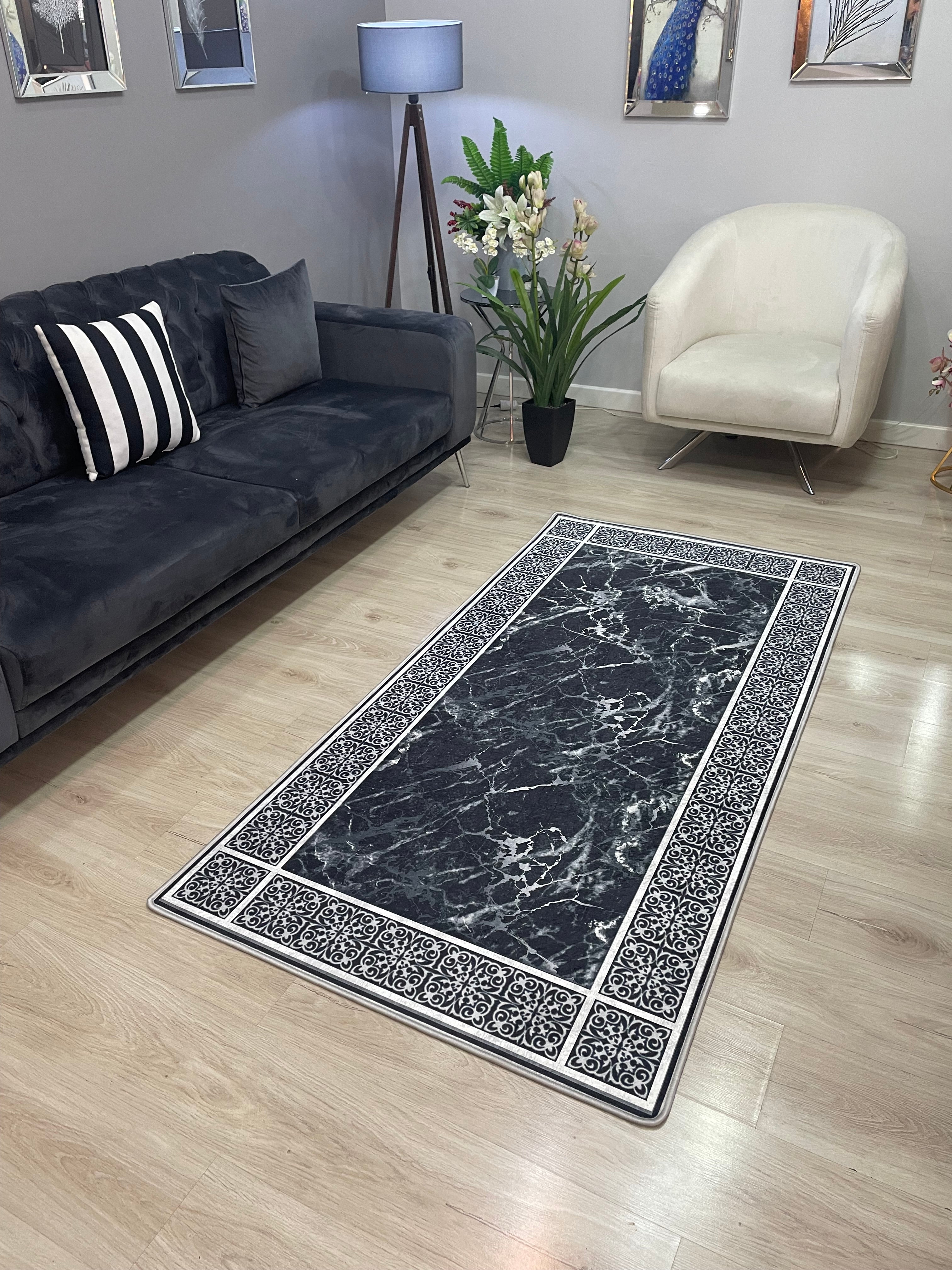 LOREN SİYAH - Kaymaz Deri Taban Makinede Yıkanabilir Salon Oturma Odası Mutfak Halısı