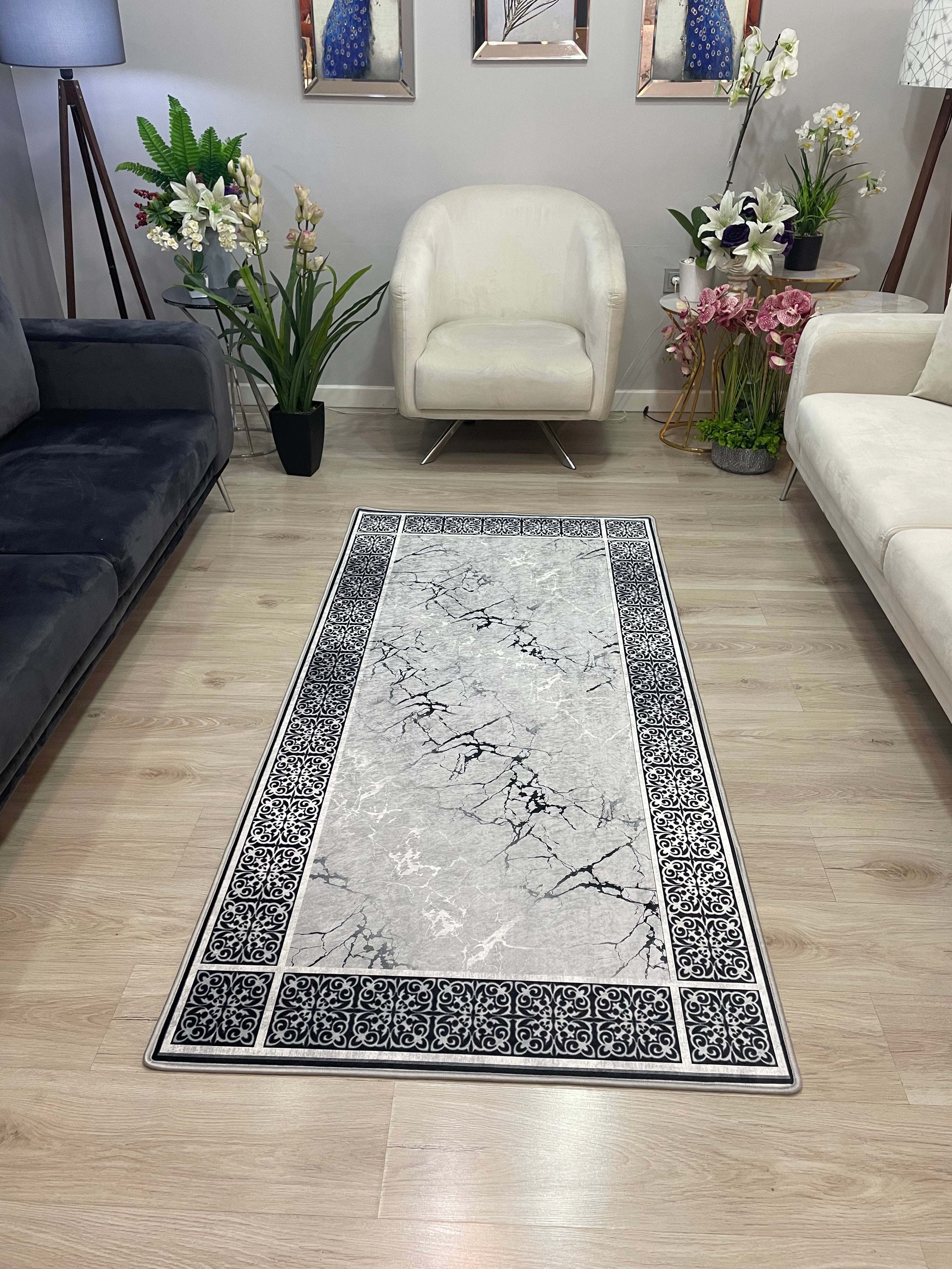 LOREN GRİ - Kaymaz Deri Taban Makinede Yıkanabilir Salon Oturma Odası Mutfak Halısı