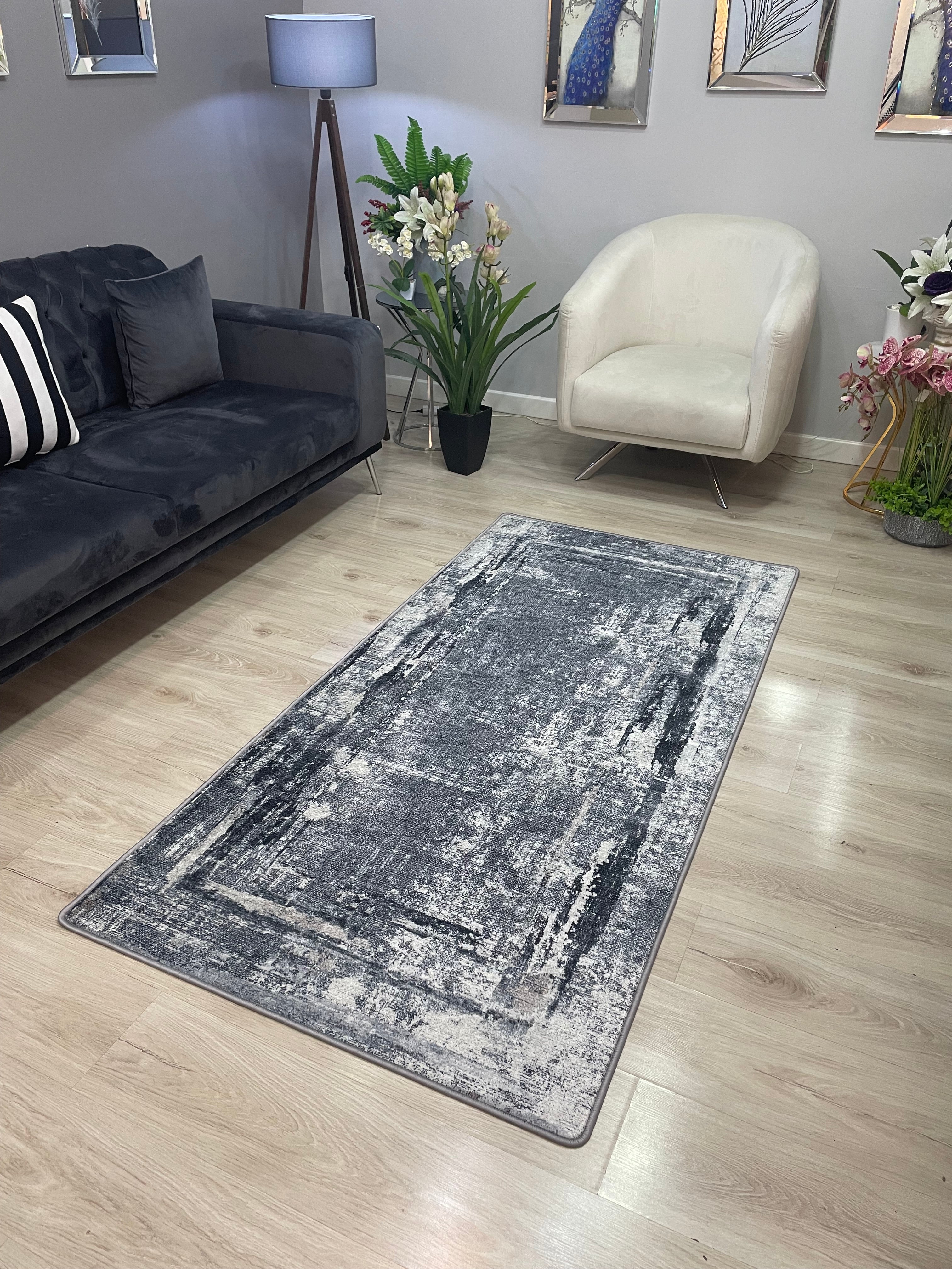 ROYAL BLACK - Kaymaz Deri Taban Makinede Yıkanabilir Salon Oturma Odası Mutfak Halısı
