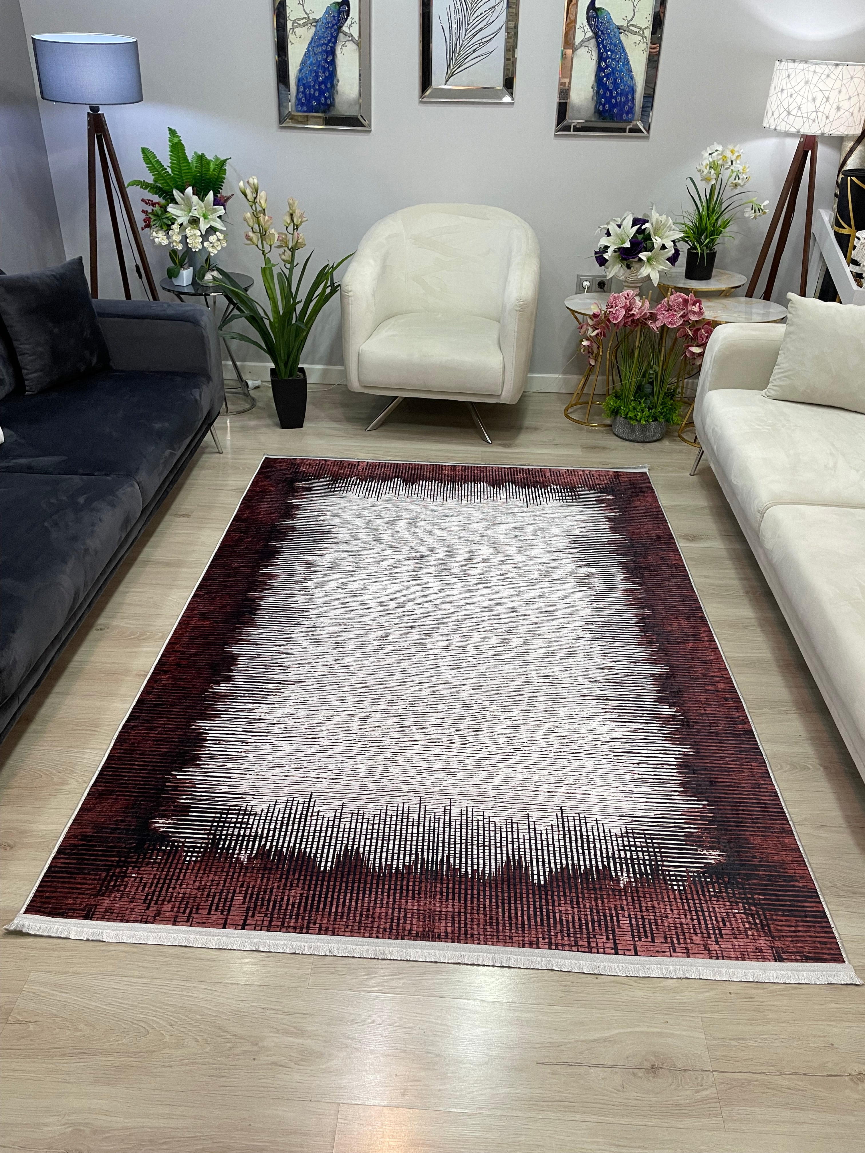 REMAR RED - Kaymaz Deri Taban Makinede Yıkanabilir Salon Oturma Odası Mutfak Halısı