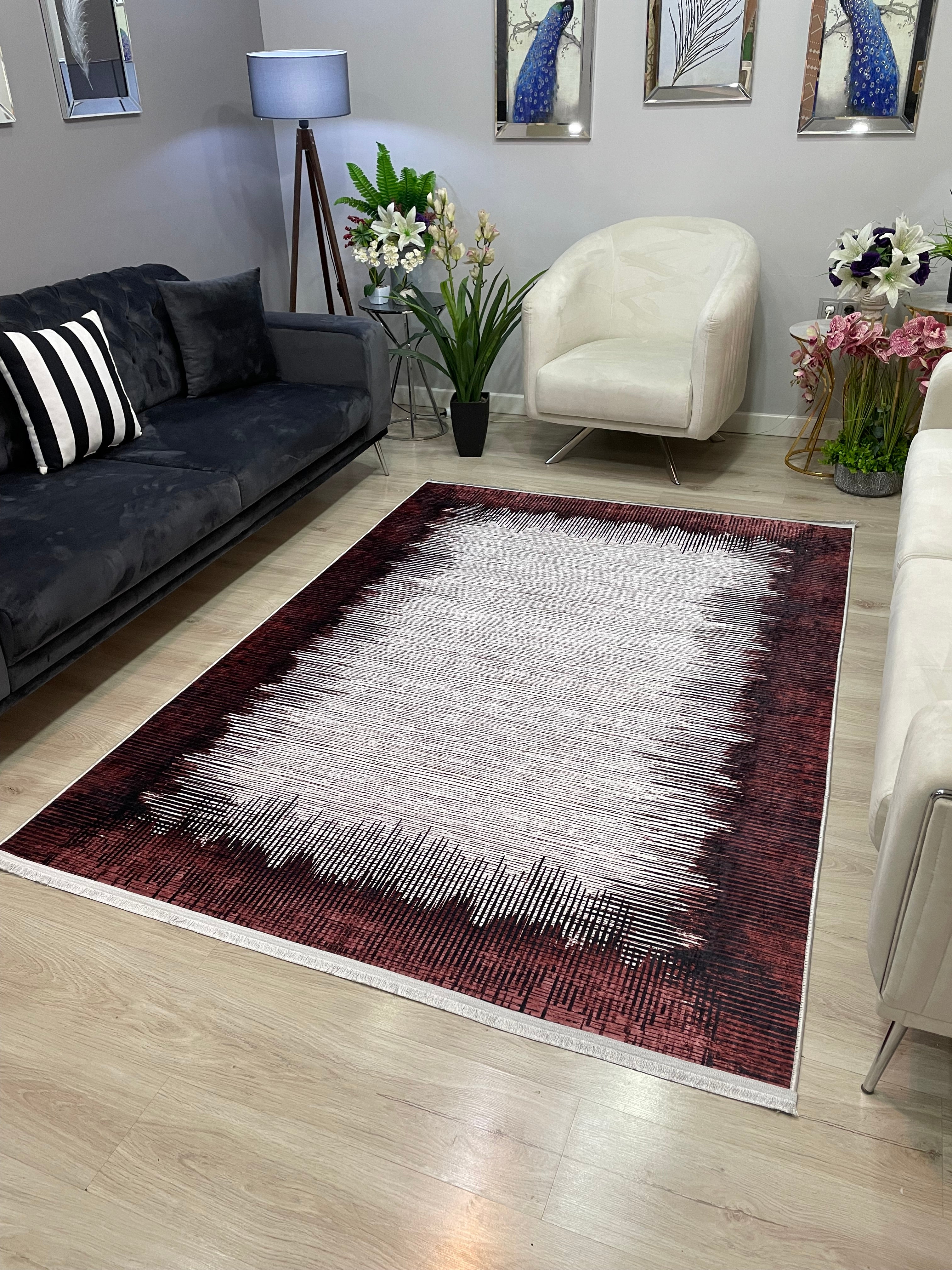 REMAR RED - Kaymaz Deri Taban Makinede Yıkanabilir Salon Oturma Odası Mutfak Halısı