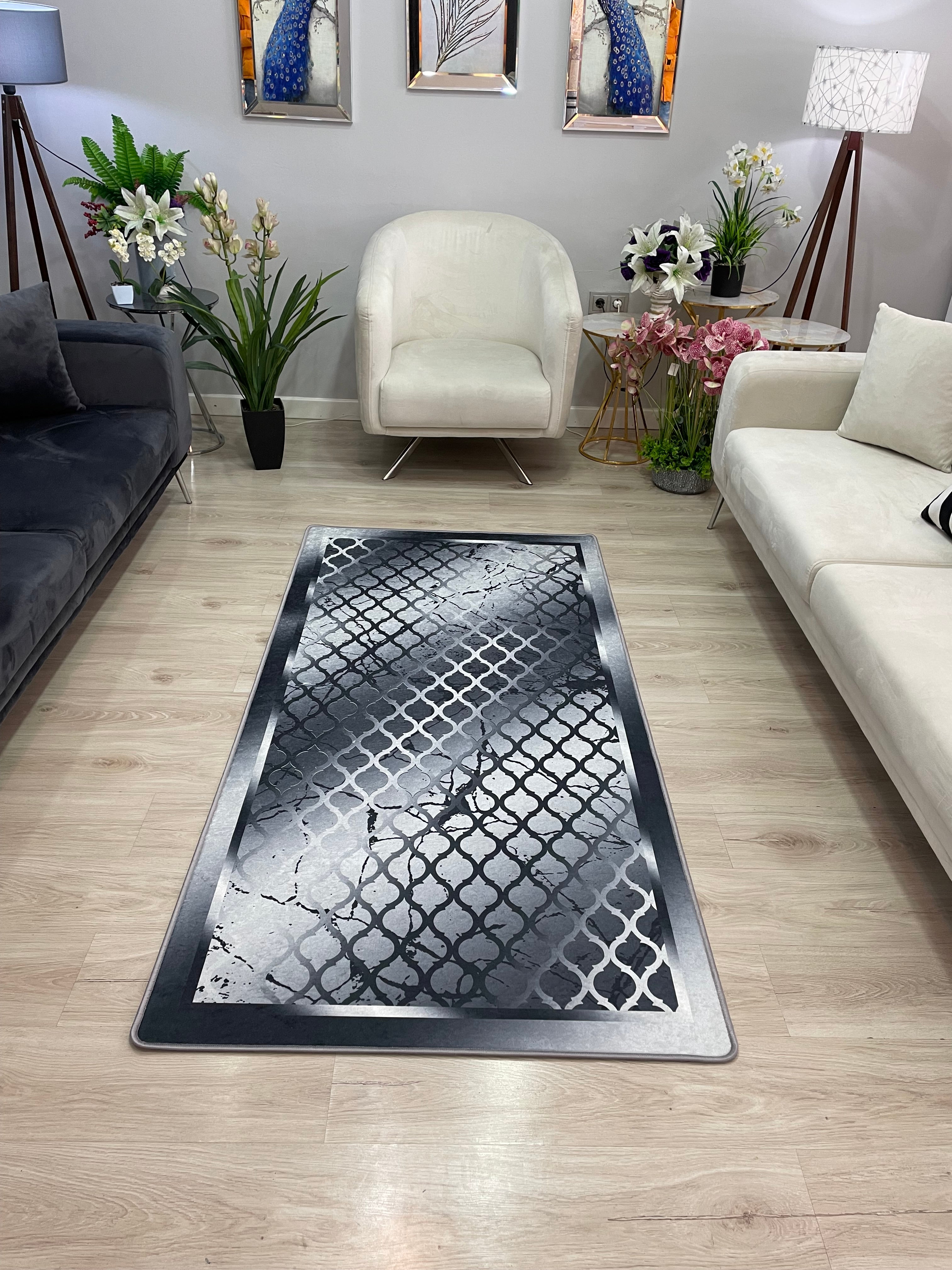 KUPA BRİLL ANTRASİT - Kaymaz Deri Taban Makinede Yıkanabilir Salon Oturma Odası Mutfak Halısı